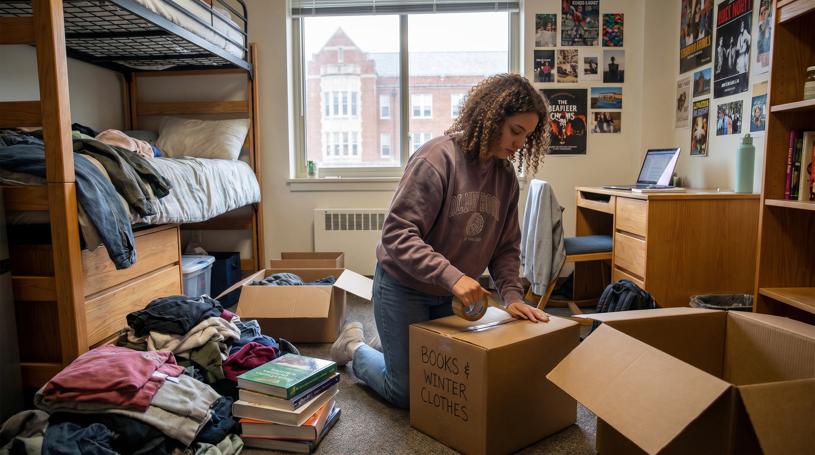 College student packing boxes in dorm room