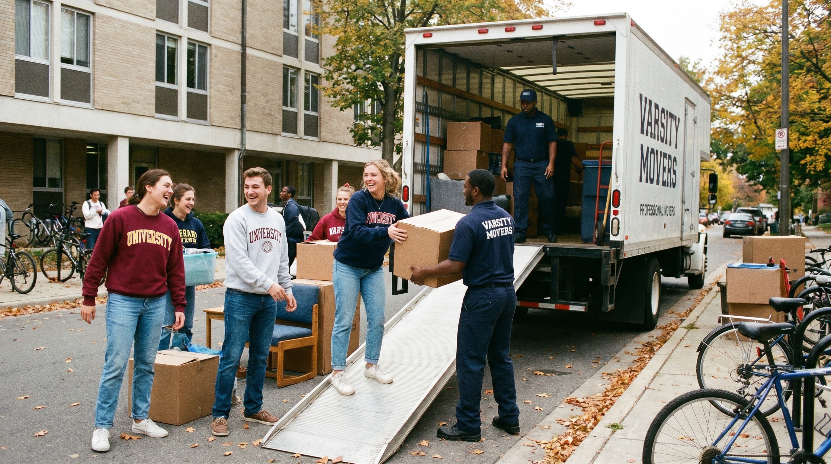 college students loading boxes into a moving truck with professional movers helping