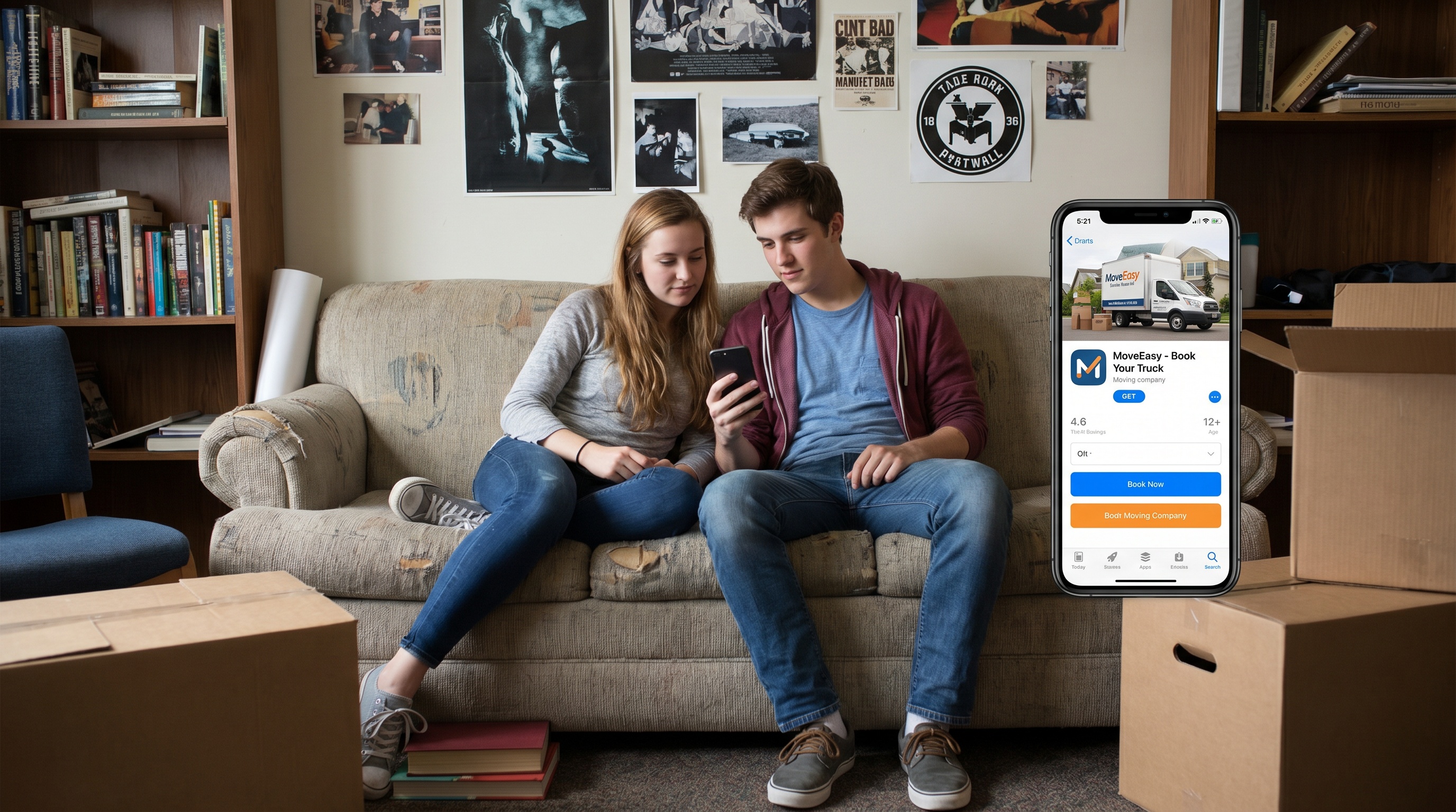 students using a smartphone to book moving services while sitting in a dorm room