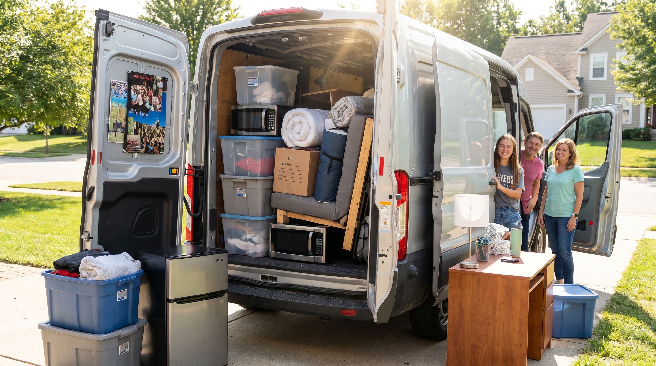 cargo van packed with college dorm items