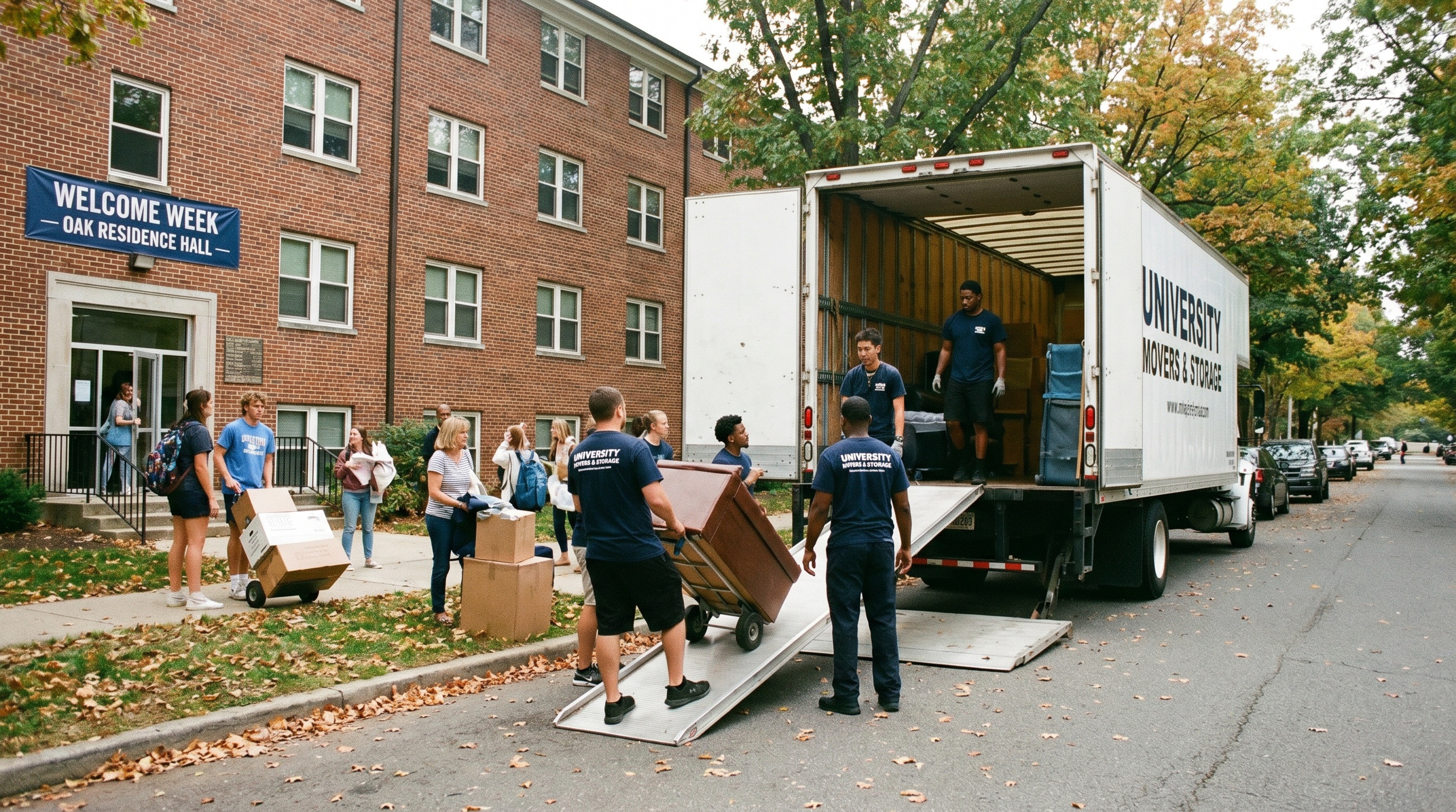 professional movers loading a truck outside a college dorm building