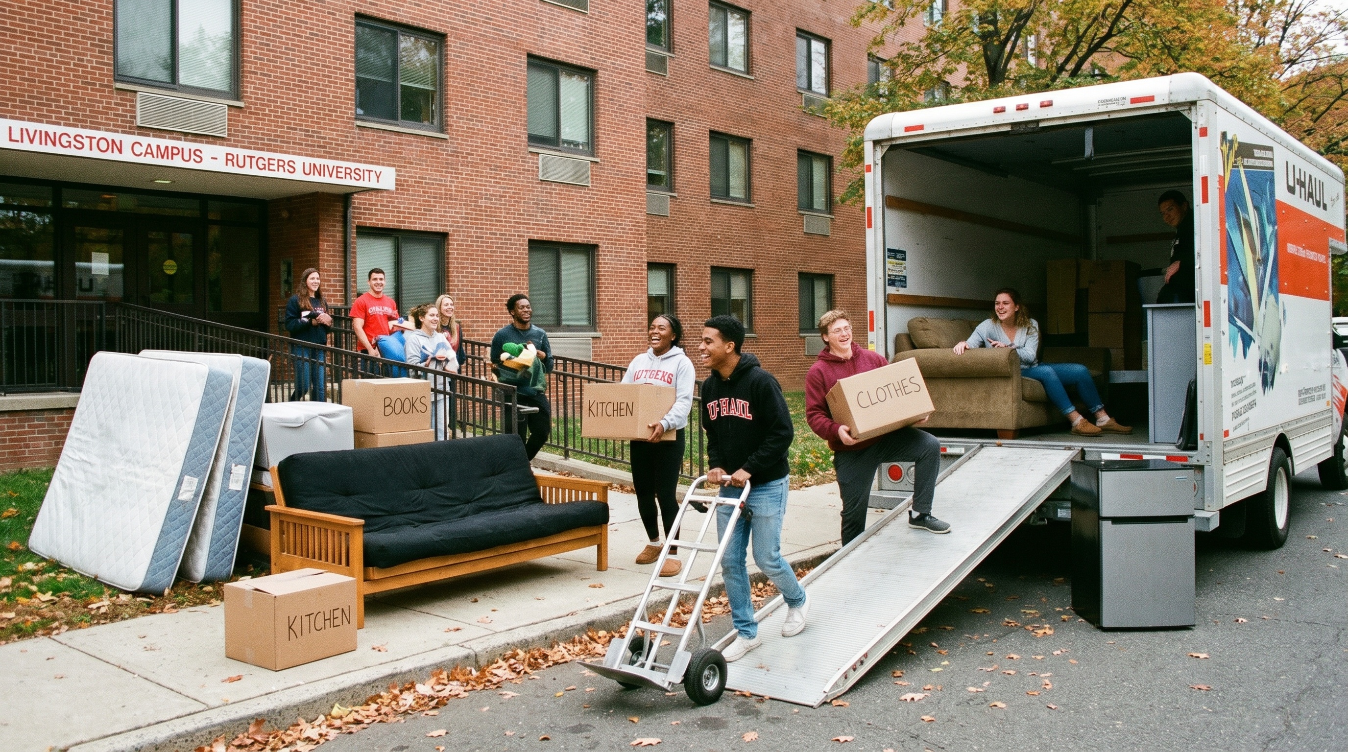 College students loading moving truck with dorm items