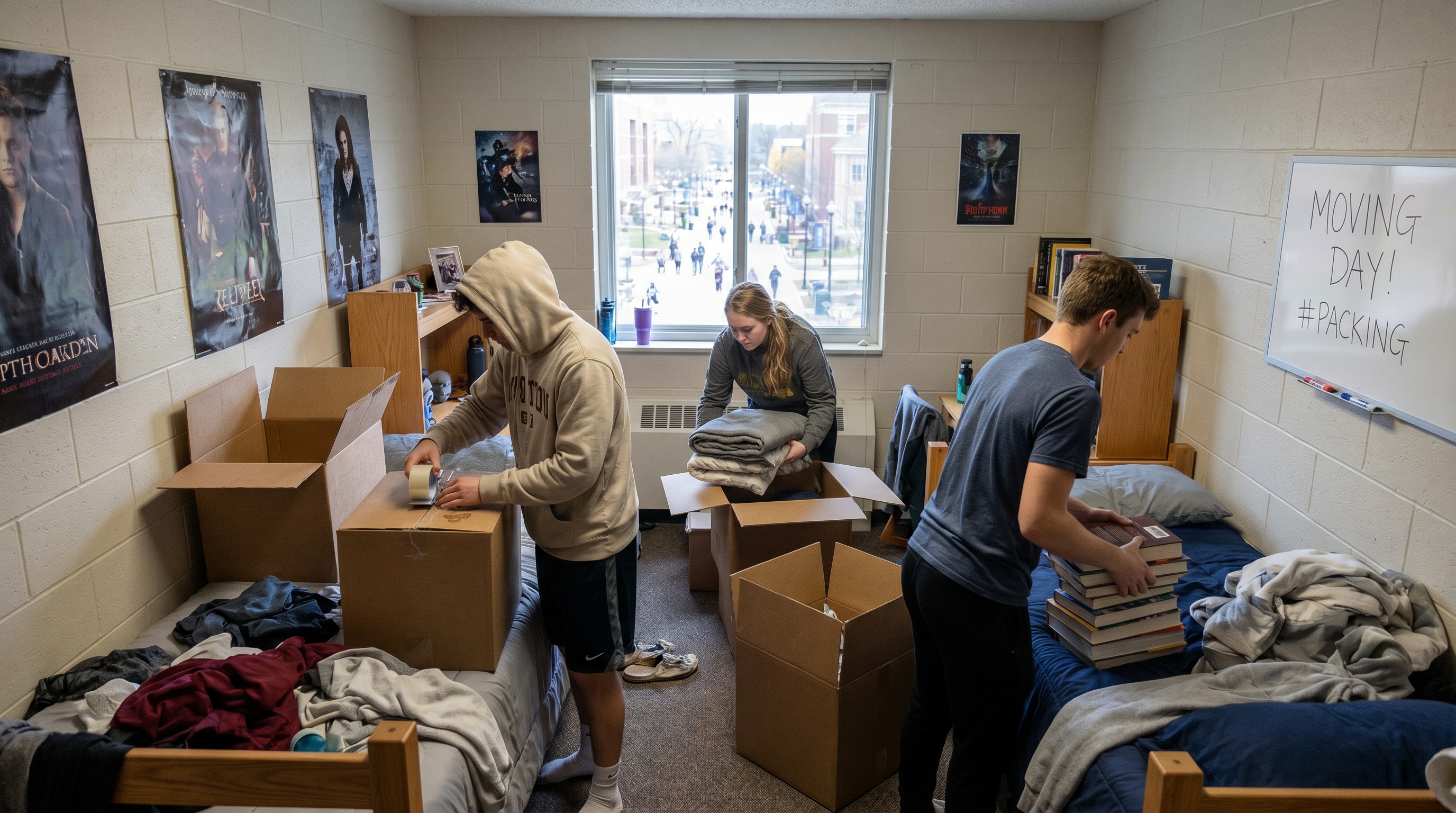Students packing boxes in dorm room on moving day