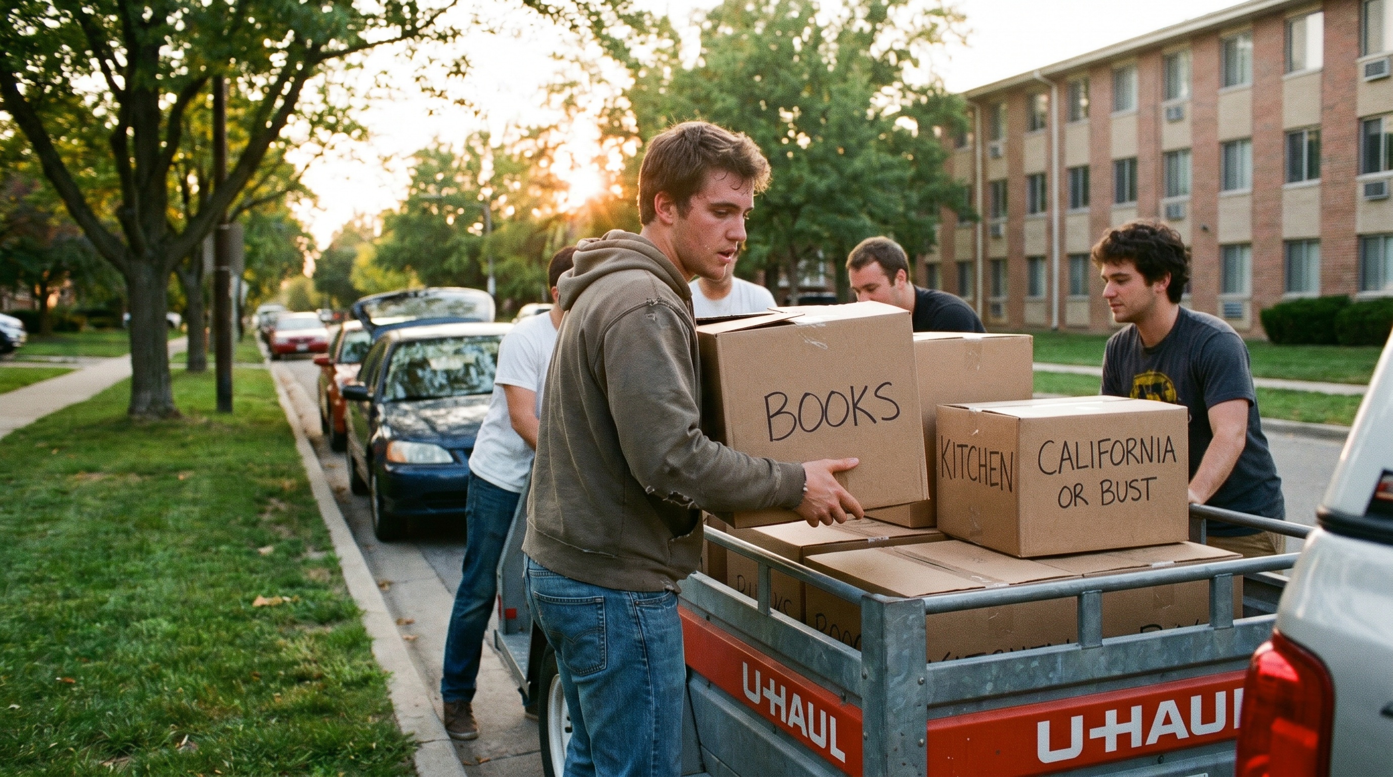 college student loading boxes into trailer for long-distance move