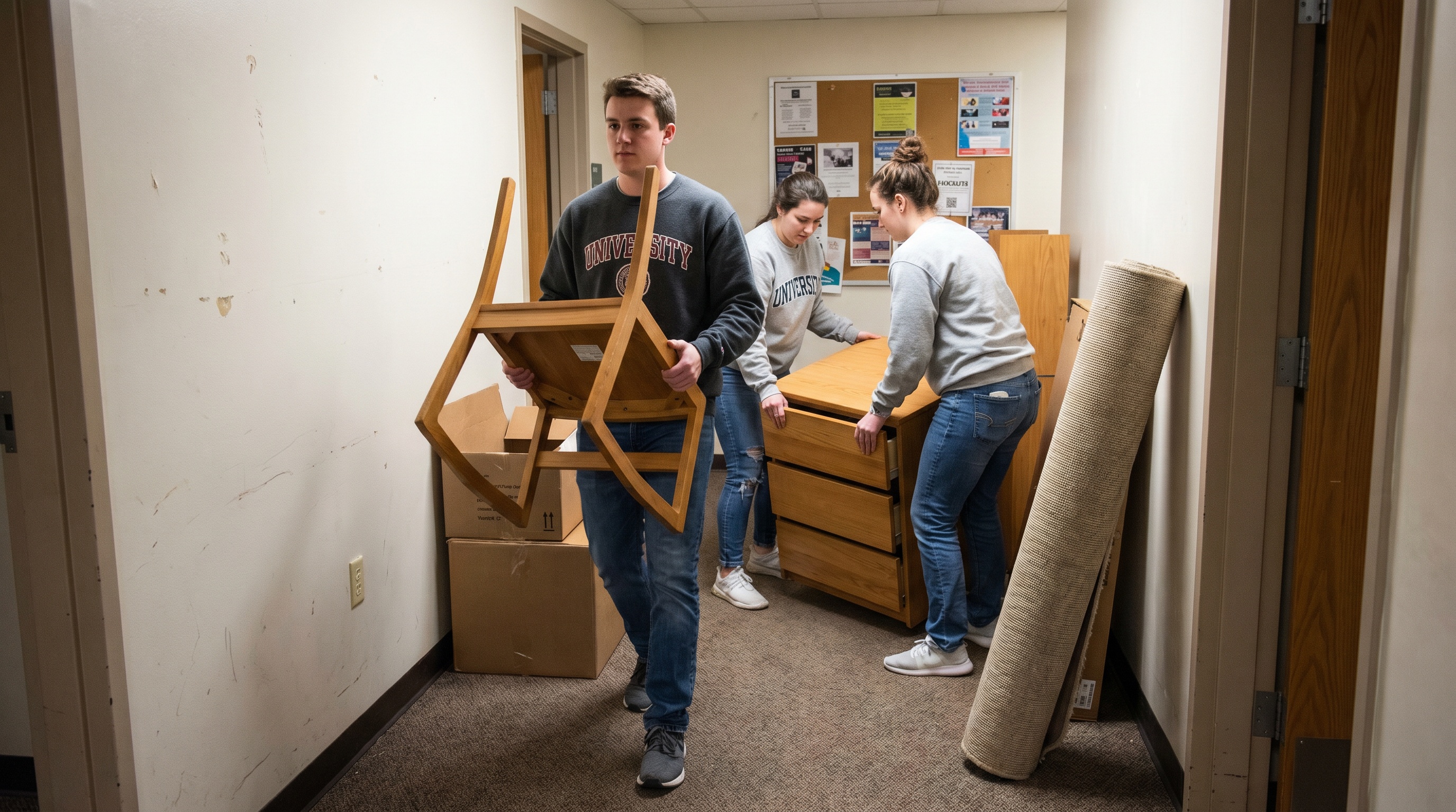 Students moving furniture in dorm hallway