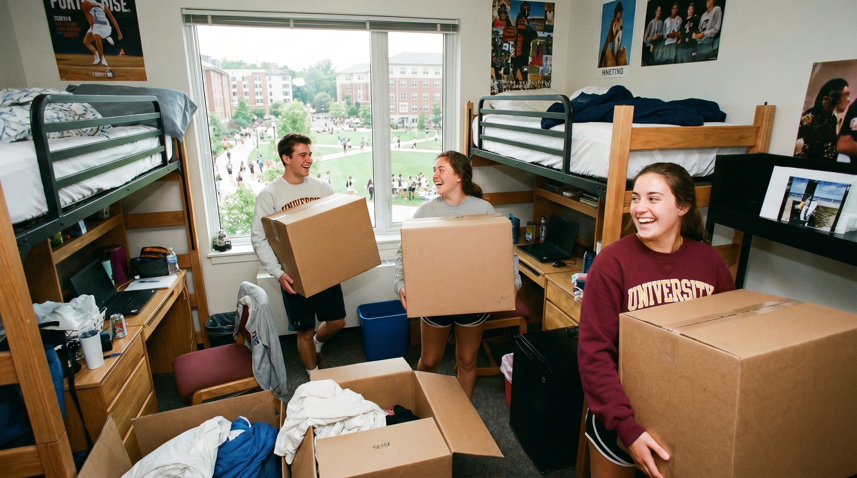 College students moving boxes in a dorm room on campus