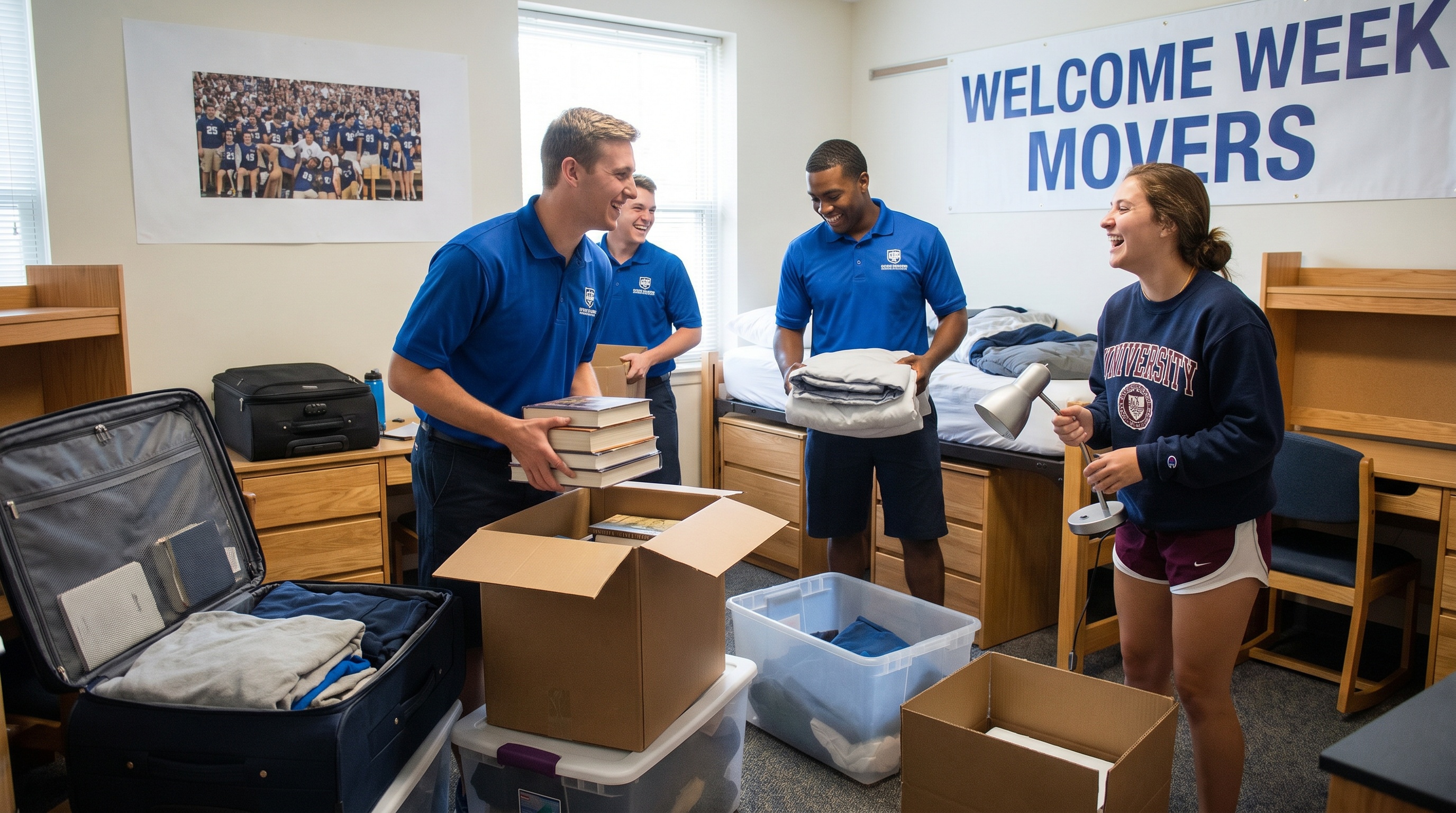 College moving team helping a student pack dorm essentials and belongings