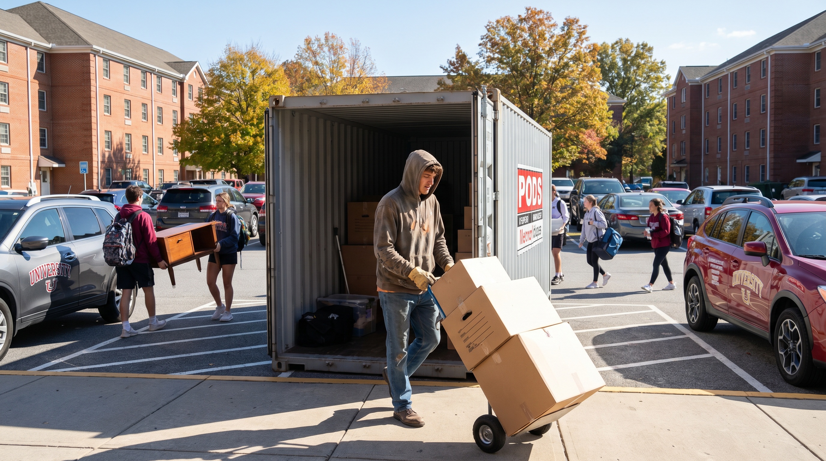 College student loading moving container in campus parking lot