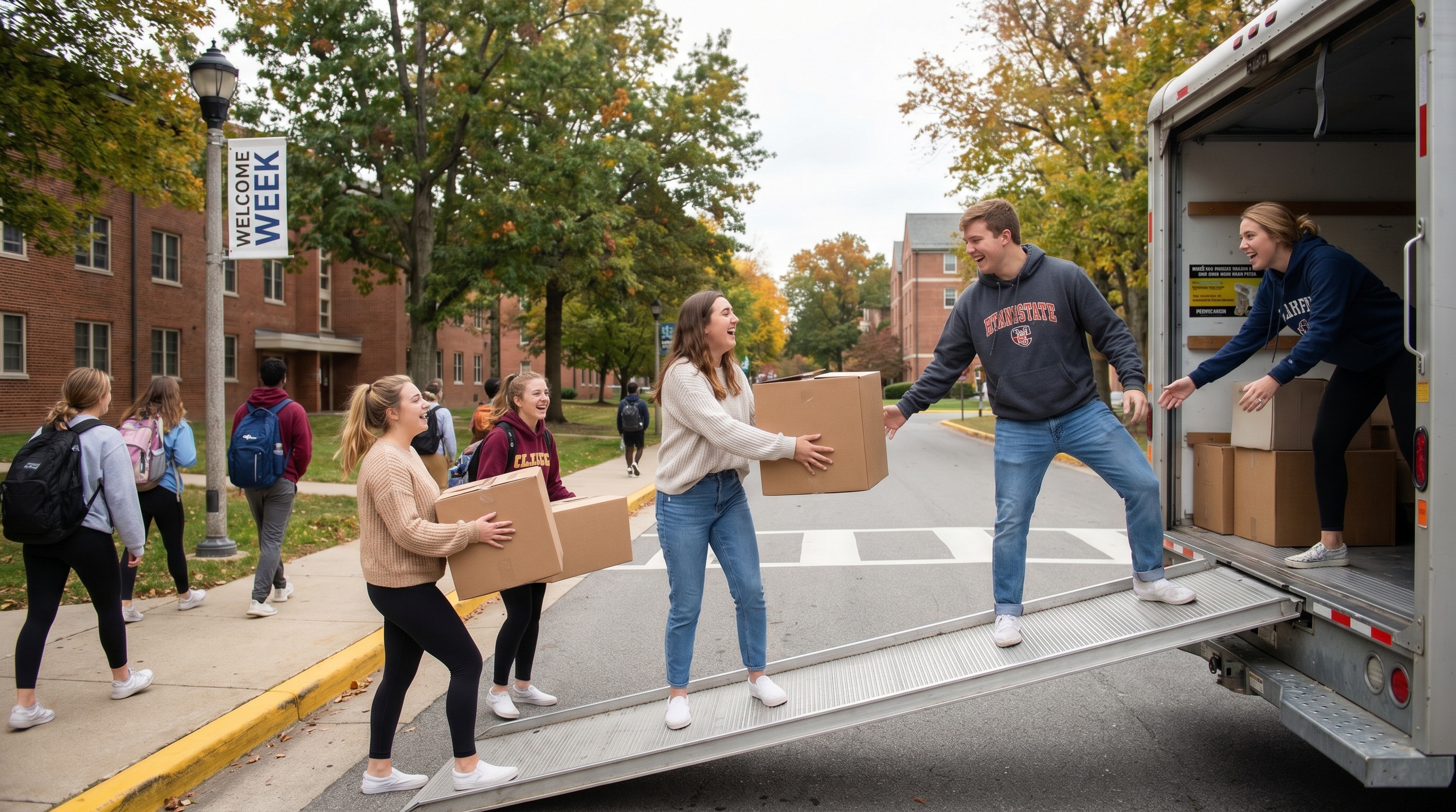 College students loading boxes into moving truck on campus