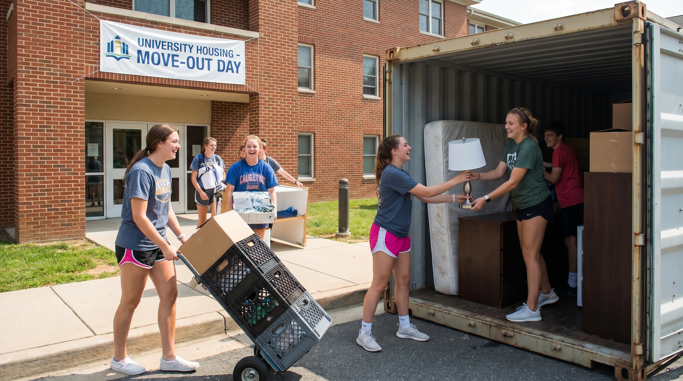 College students loading moving container at dorm room