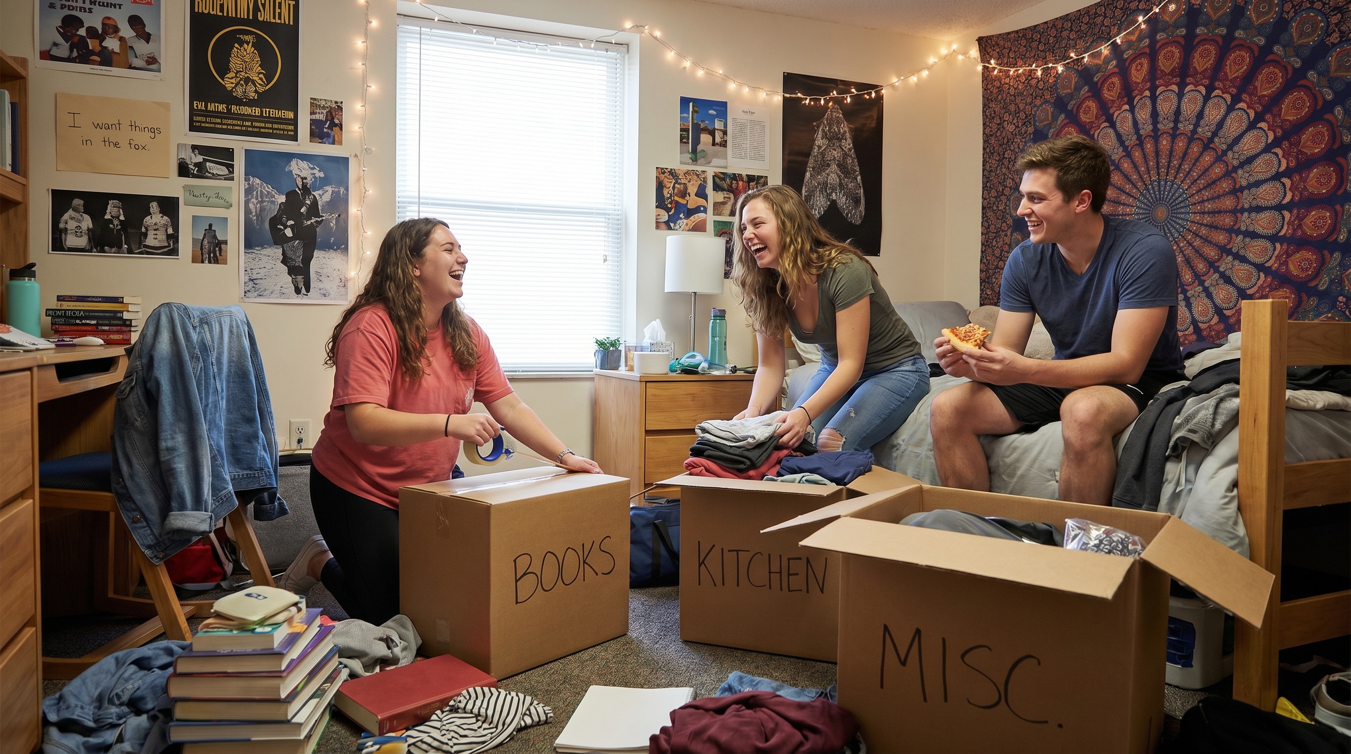 College students packing boxes in dorm room