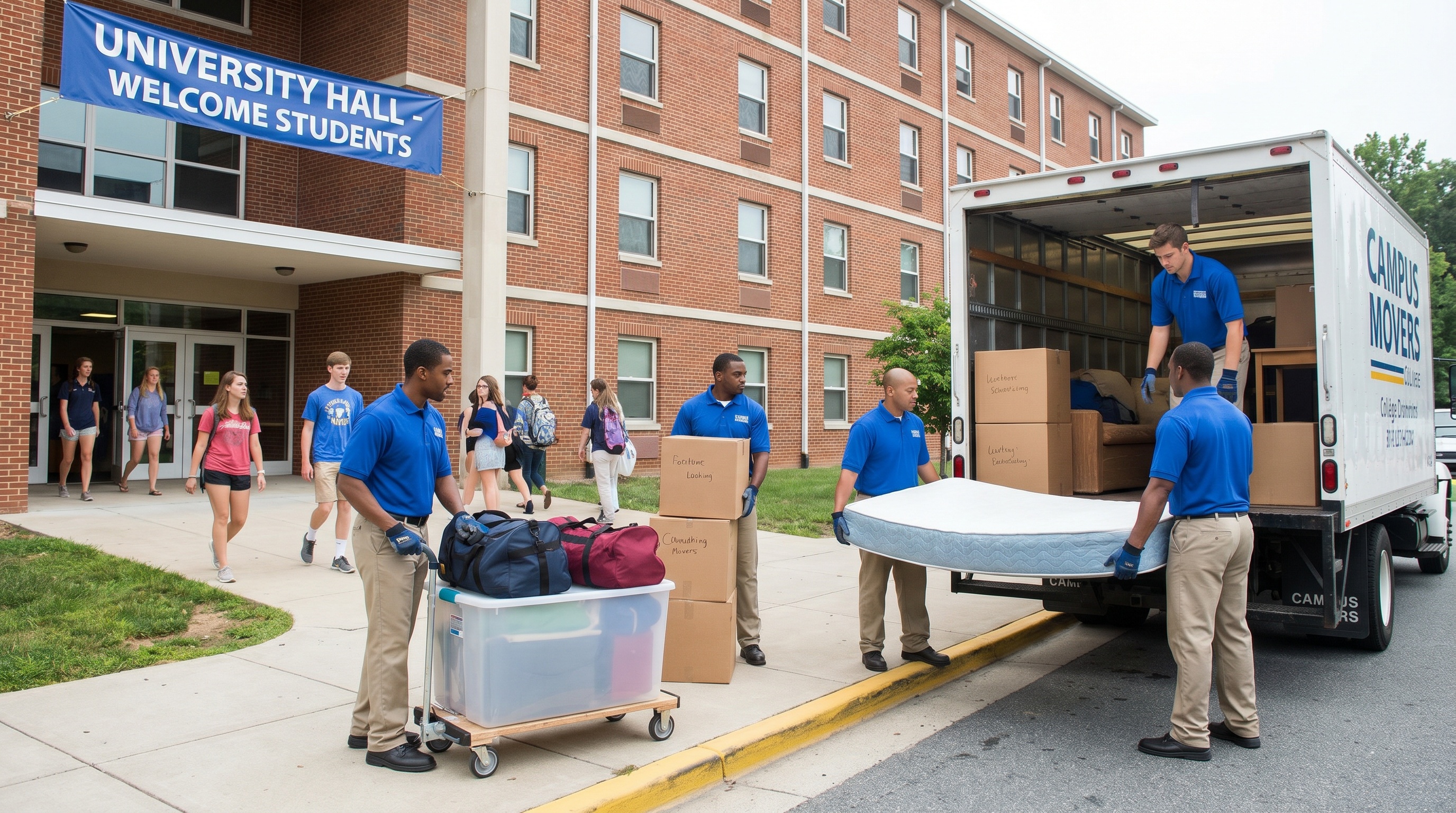 professional movers carefully handling student belongings near a college dormitory