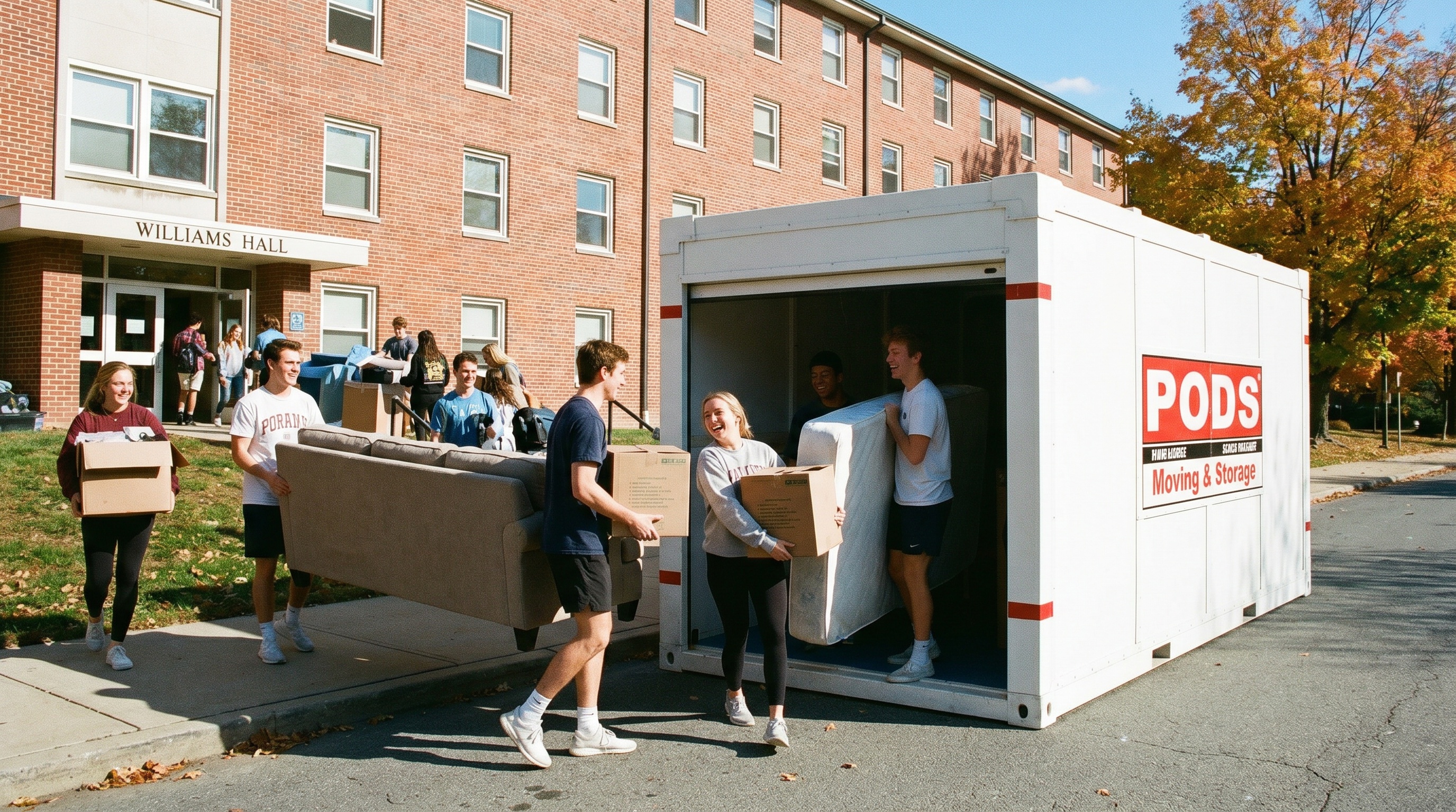 College students loading PODS container at ground level near dorm