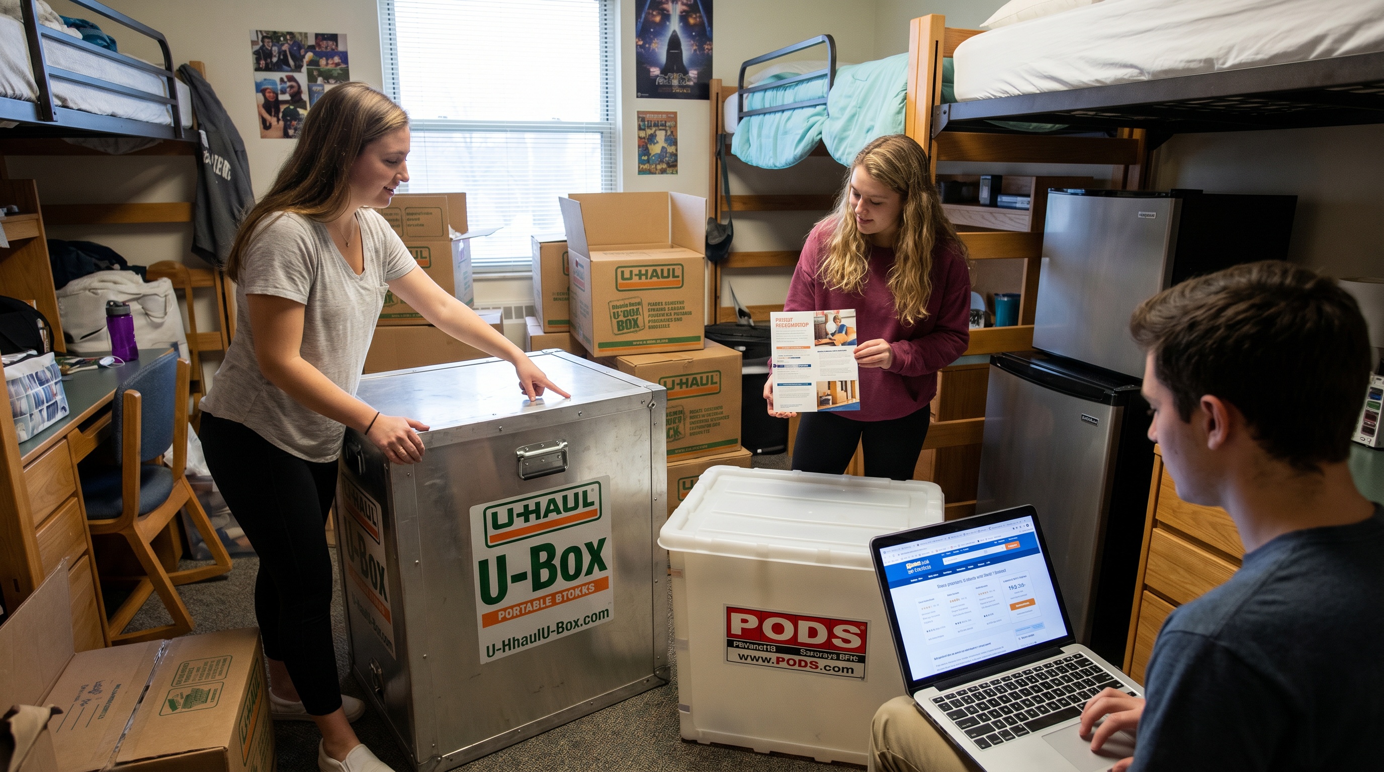 college students comparing moving containers dorm room background