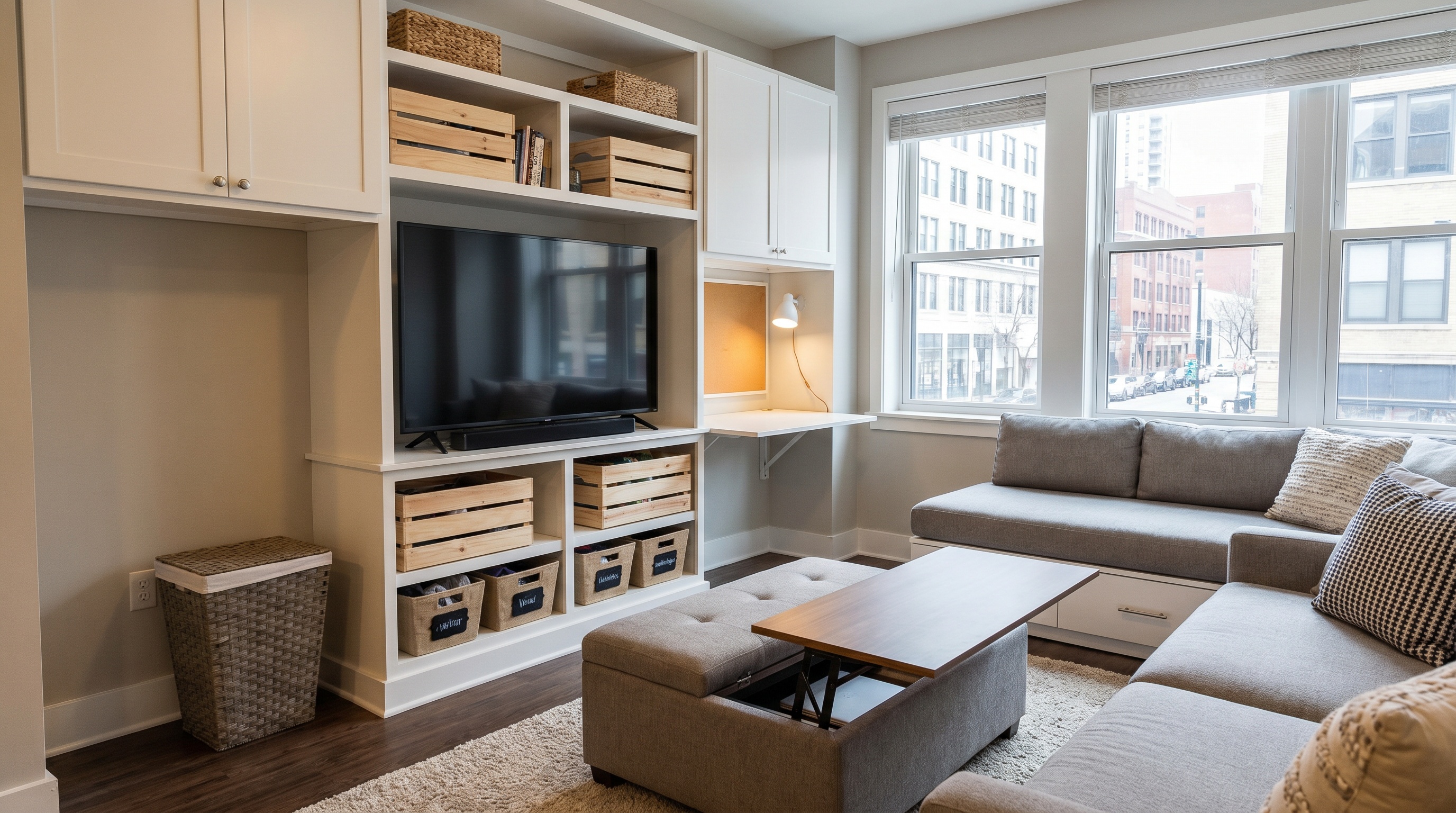 organized small condo living space with smart storage