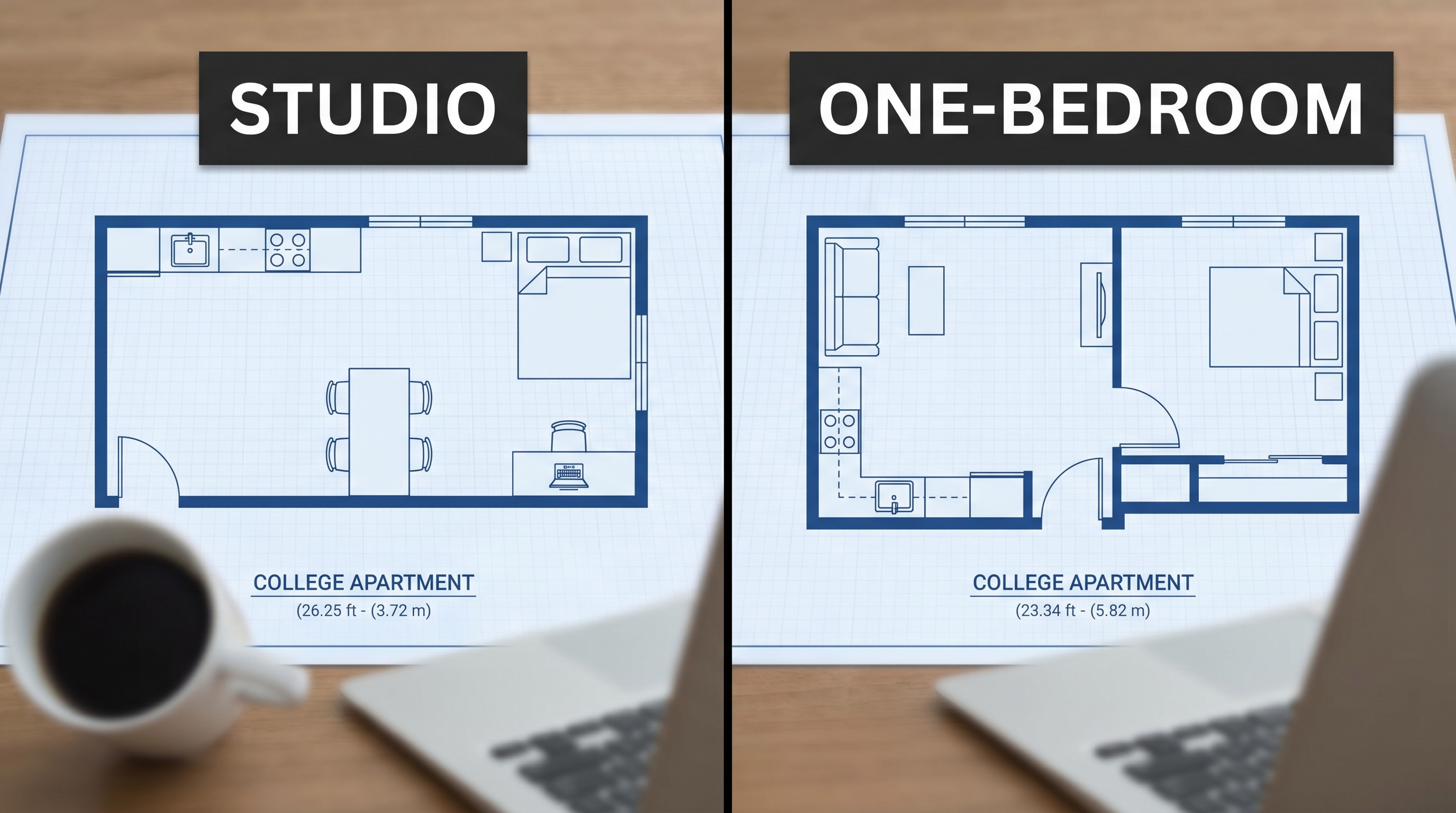 College apartment floor plan comparison studio vs one bedroom