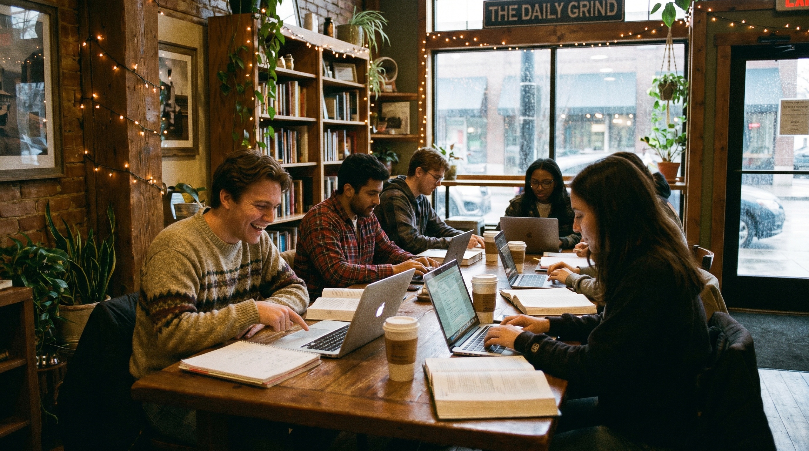 College students studying in coffee shop