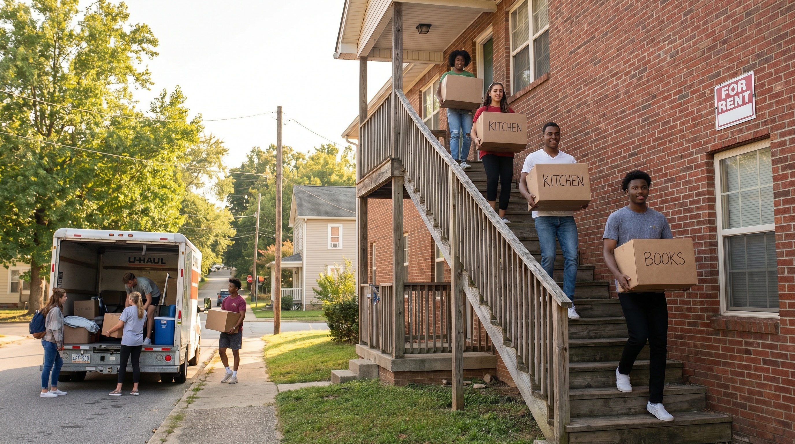 Students moving boxes into affordable small town apartment