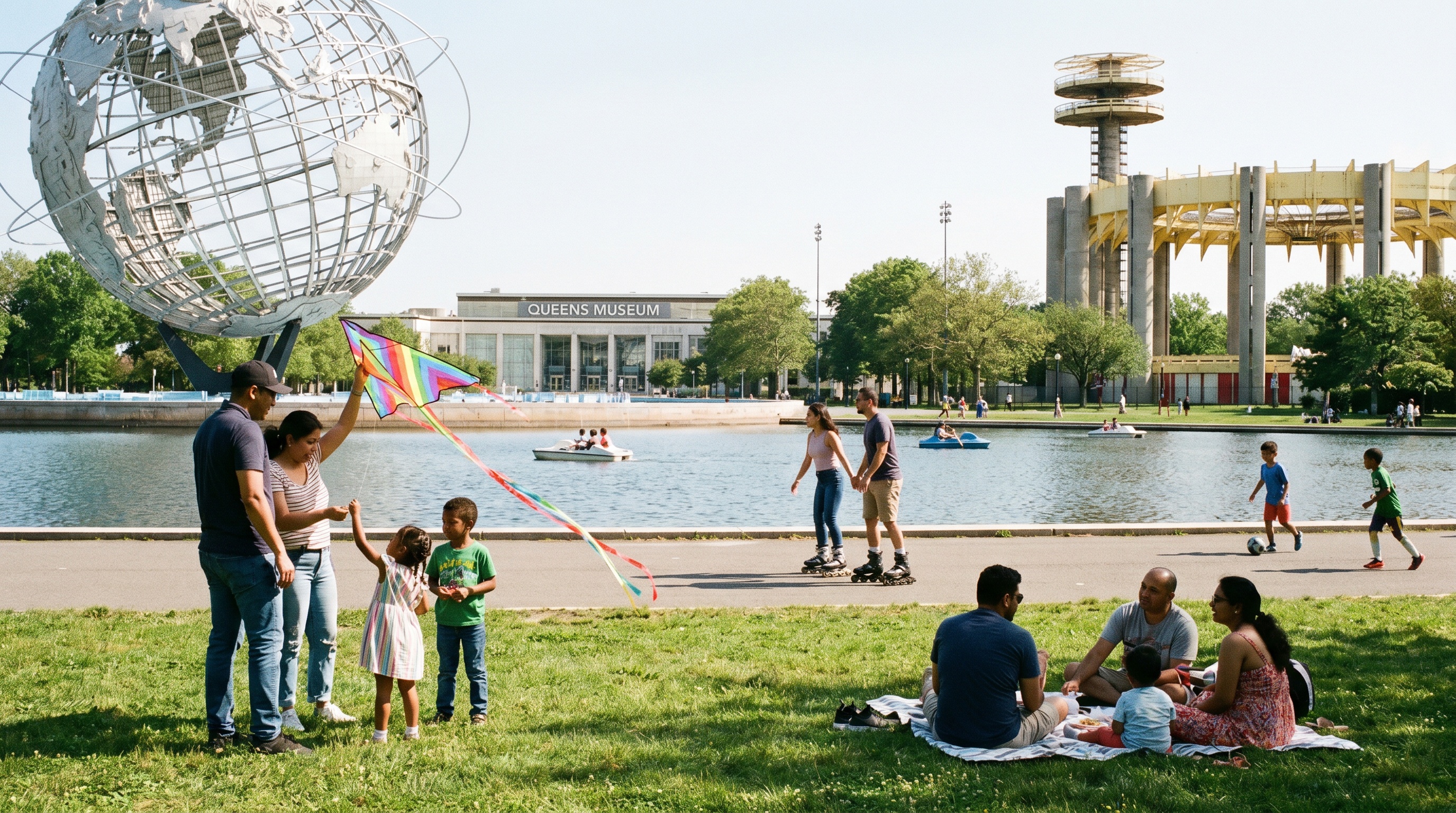 Families enjoying activities at Flushing Meadows Corona Park