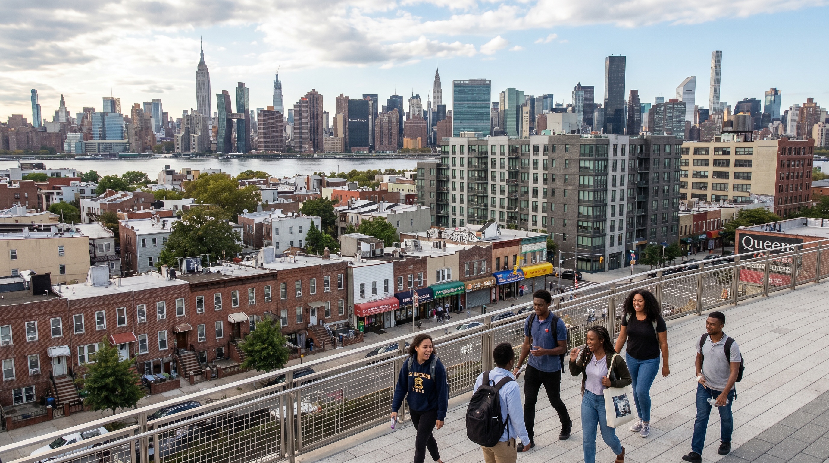 Queens skyline view with diverse neighborhoods and students walking