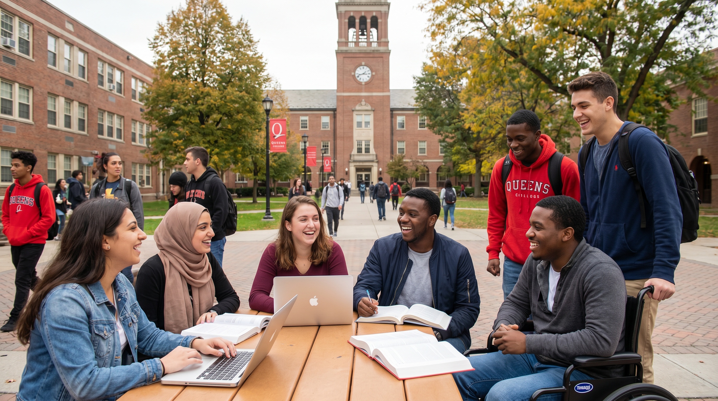 Students studying at Queens College campus with diverse group