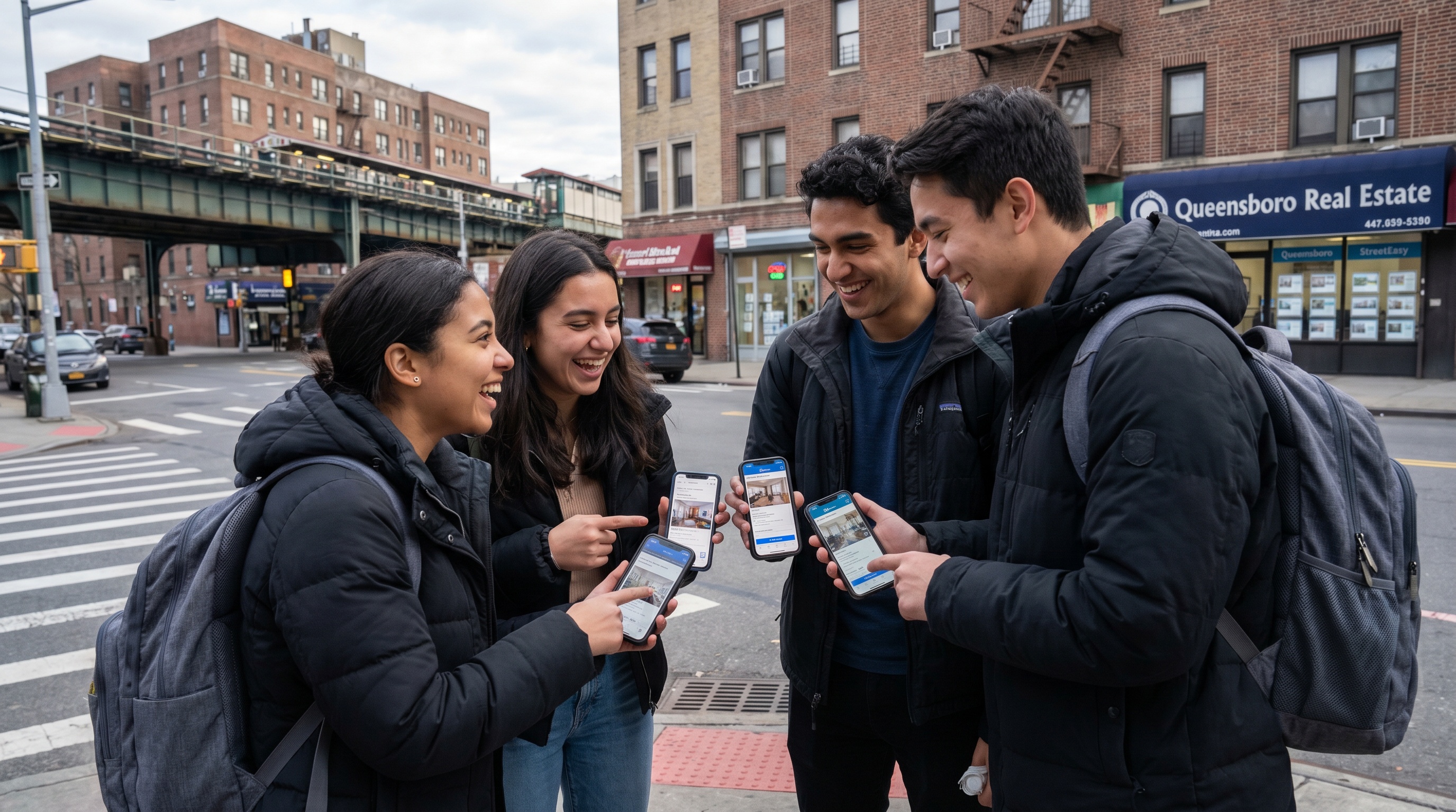 College students comparing apartment listings on phones in Queens neighborhood