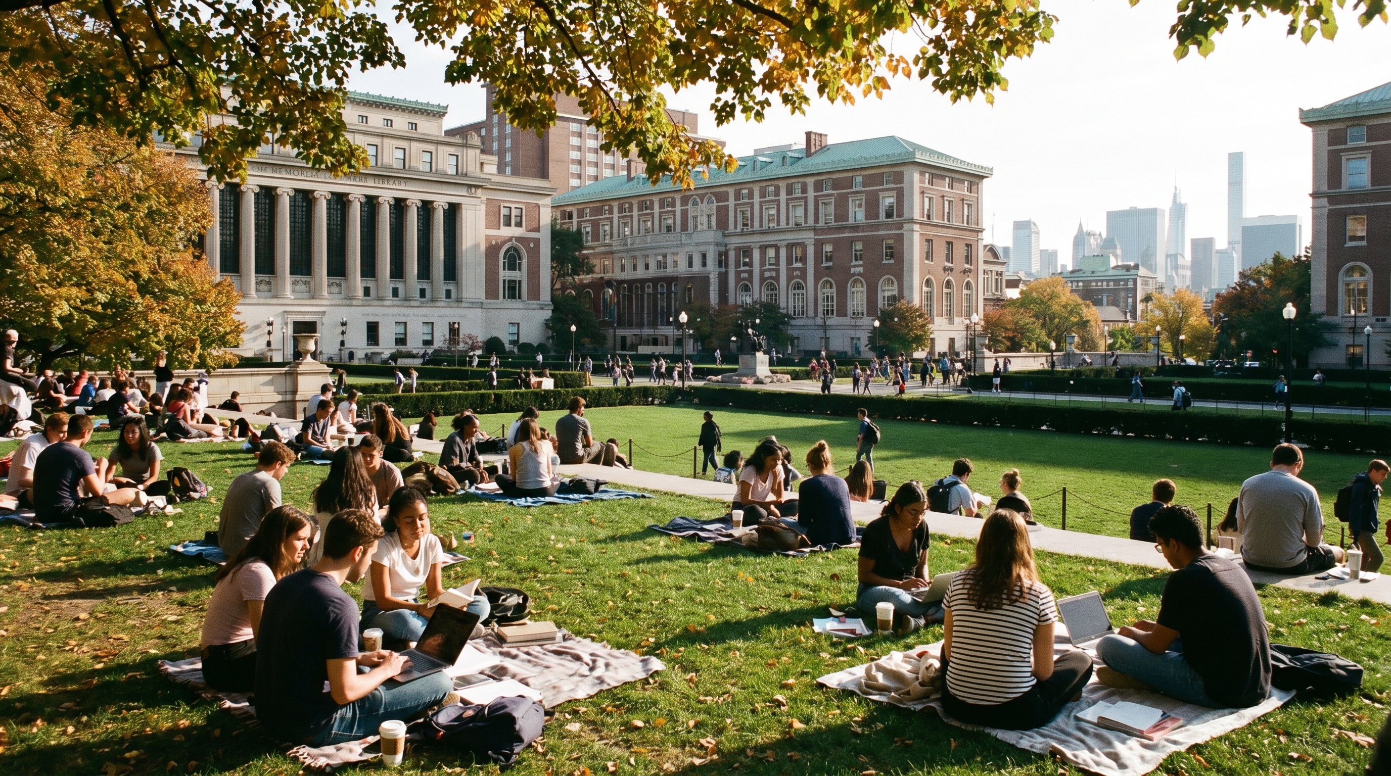 Manhattan college campus students studying outside