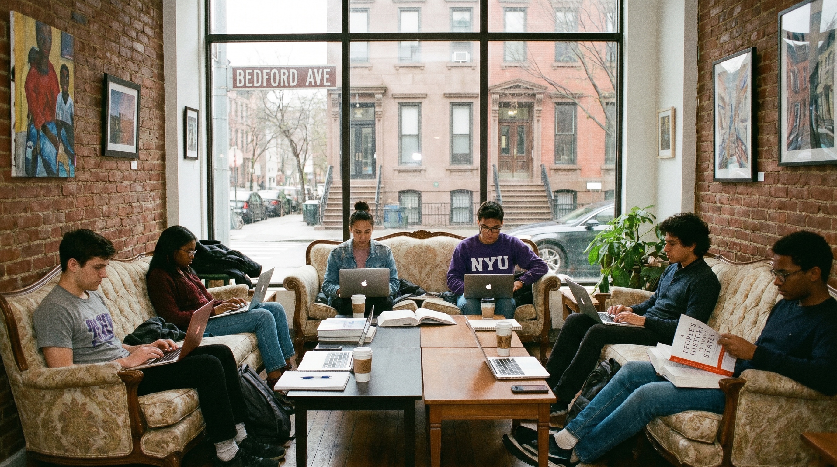 Brooklyn students studying in coffee shop in Williamsburg
