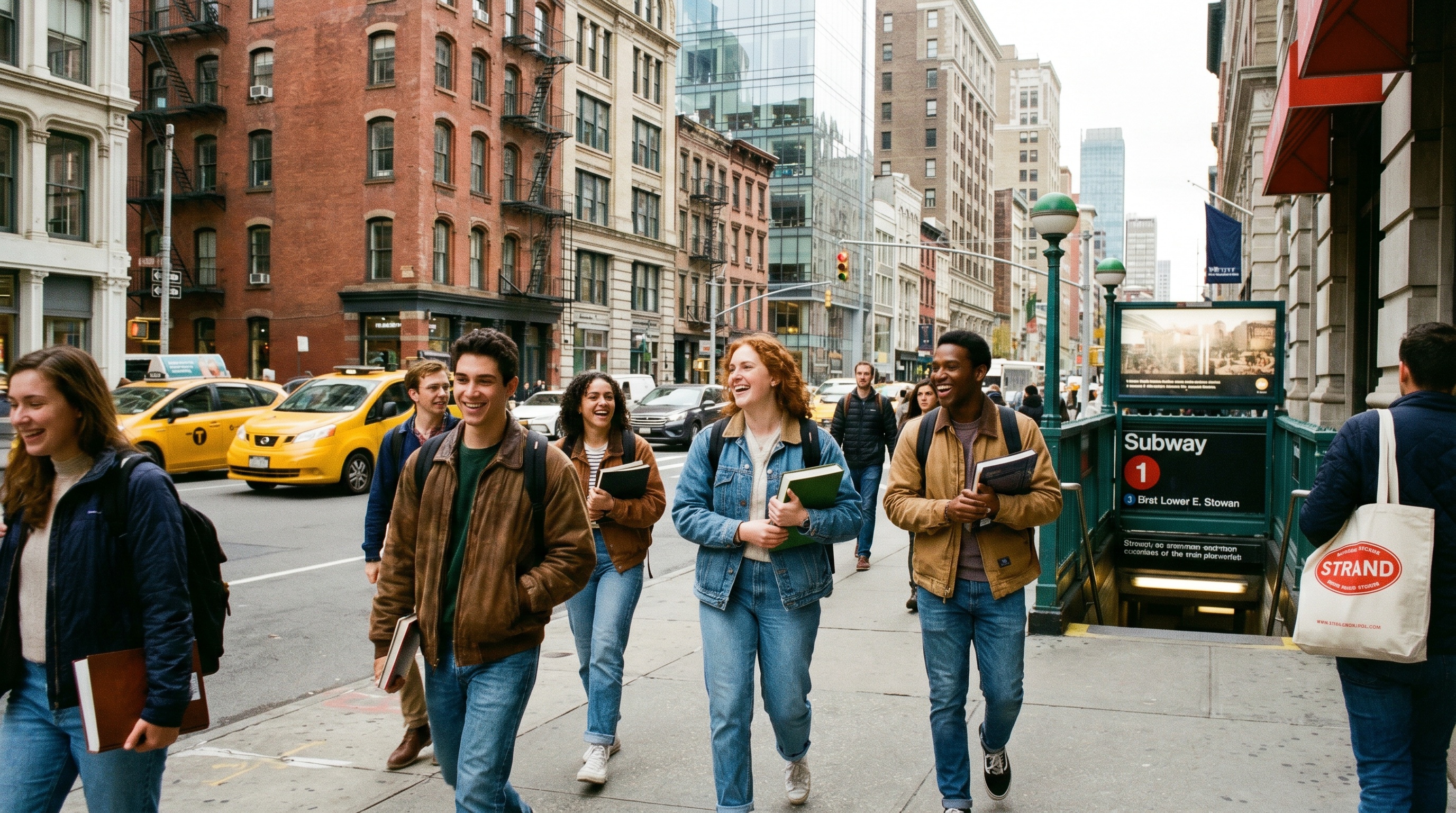 College students walking on NYC street with backpacks