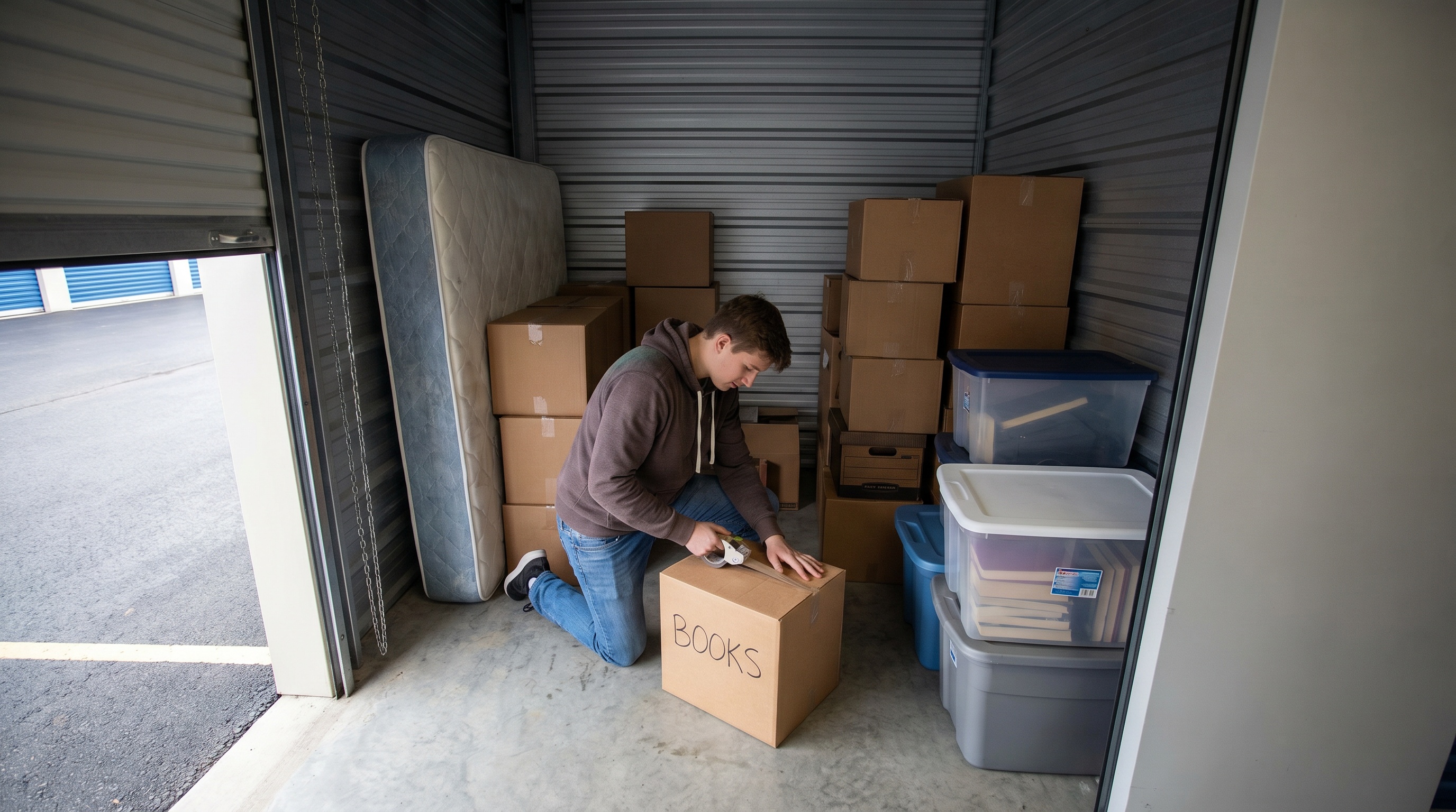 College student packing boxes in small storage unit