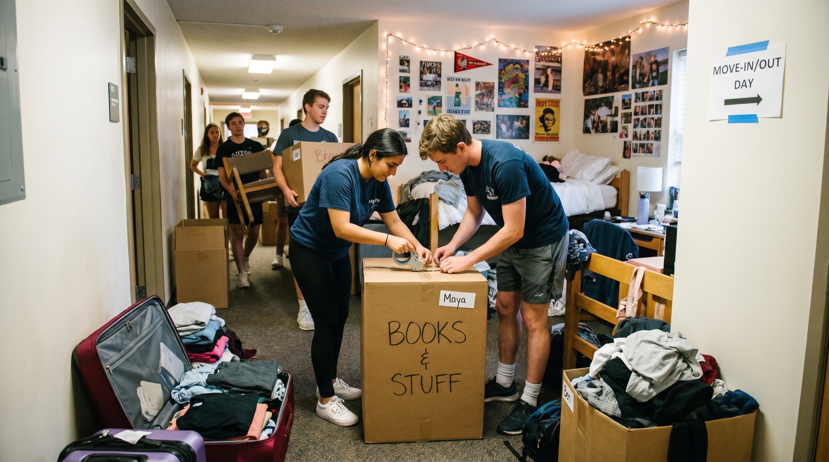 College students packing dorm room boxes on moving day