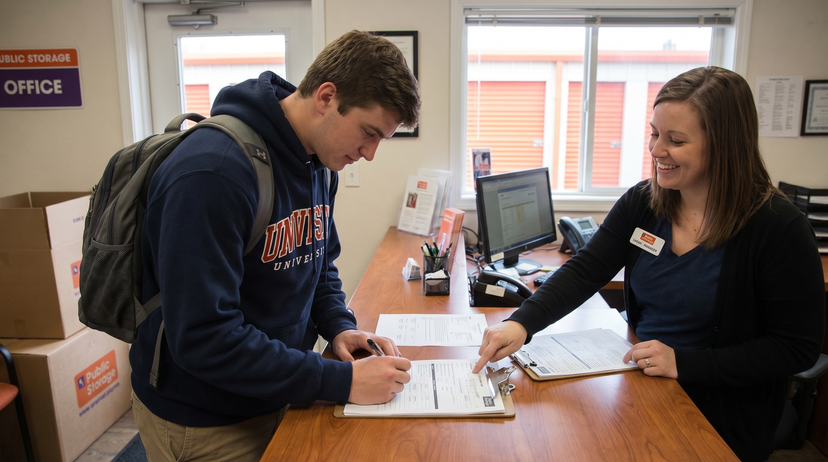 student completing paperwork at storage facility office with helpful staff member