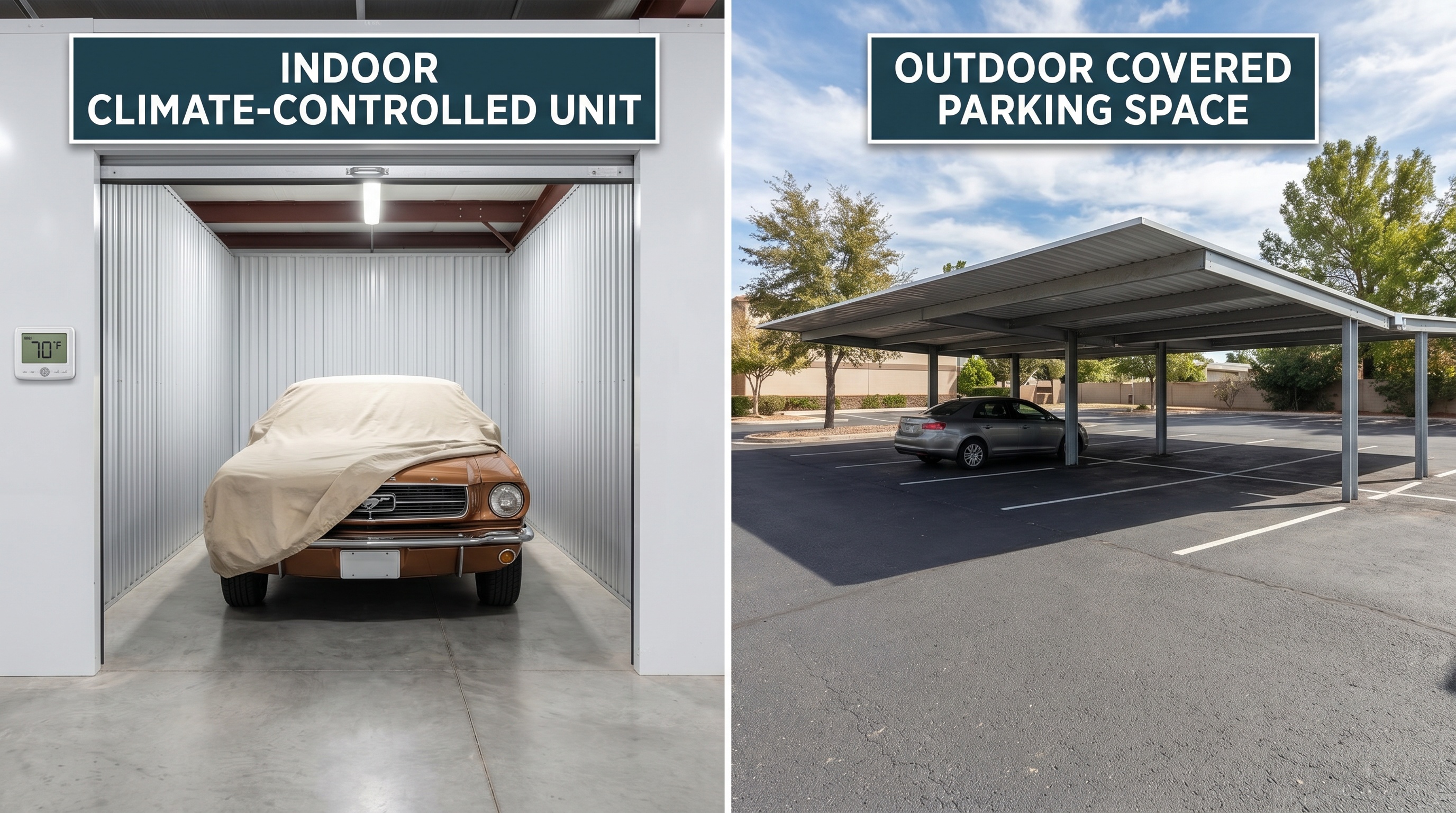comparison of indoor climate-controlled unit and outdoor covered parking space