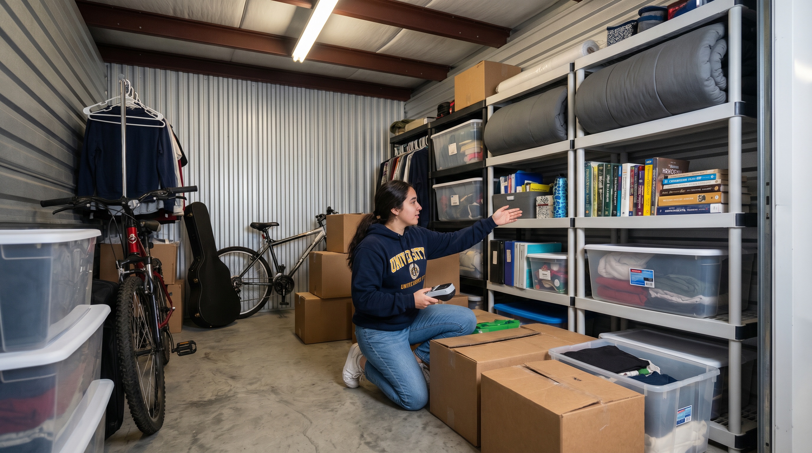 College student organizing items in medium sized storage unit