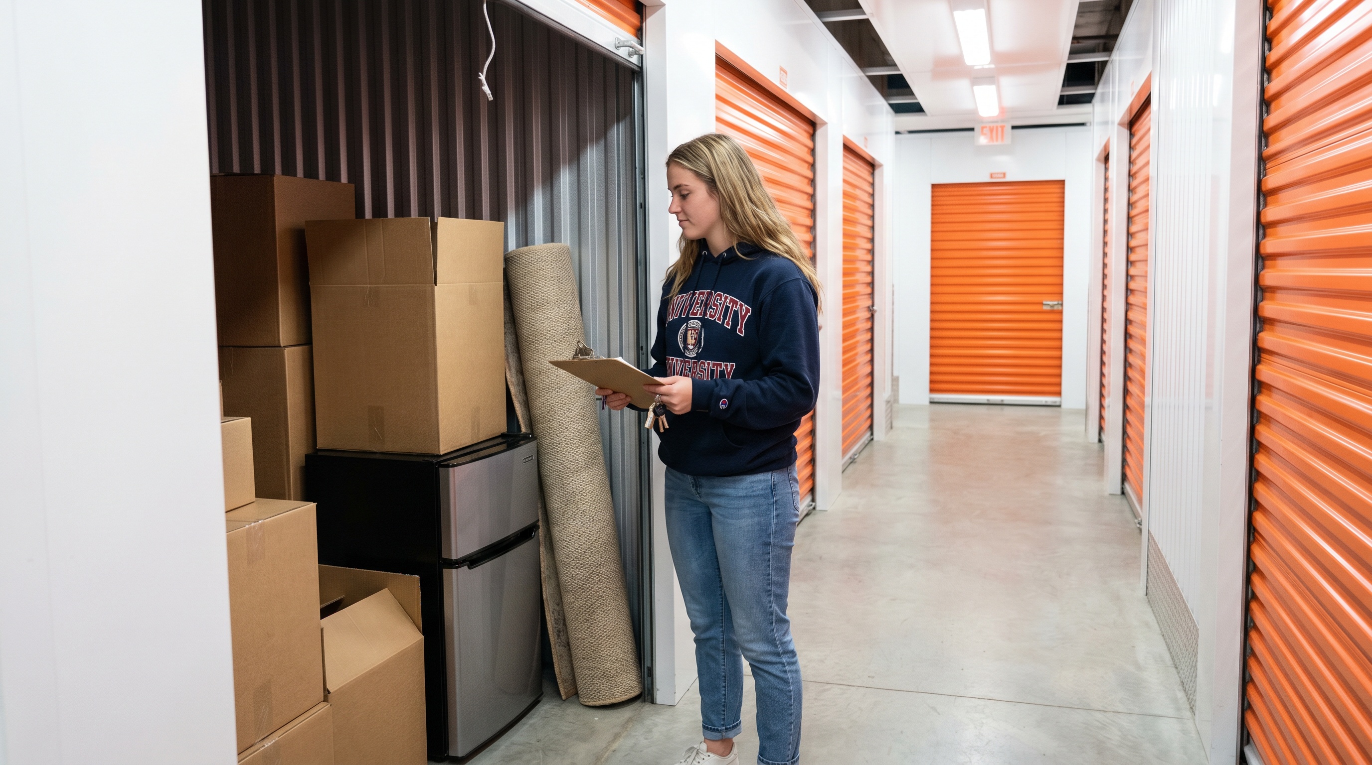 College student looking at storage units with boxes and dorm items