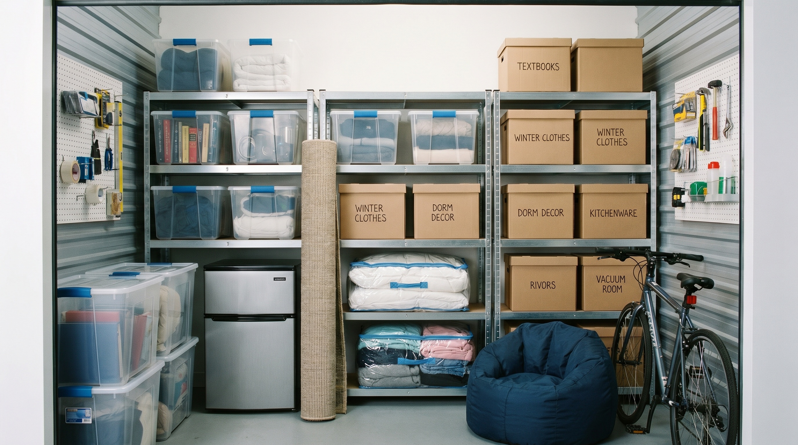 Organized small storage unit with college dorm items neatly arranged