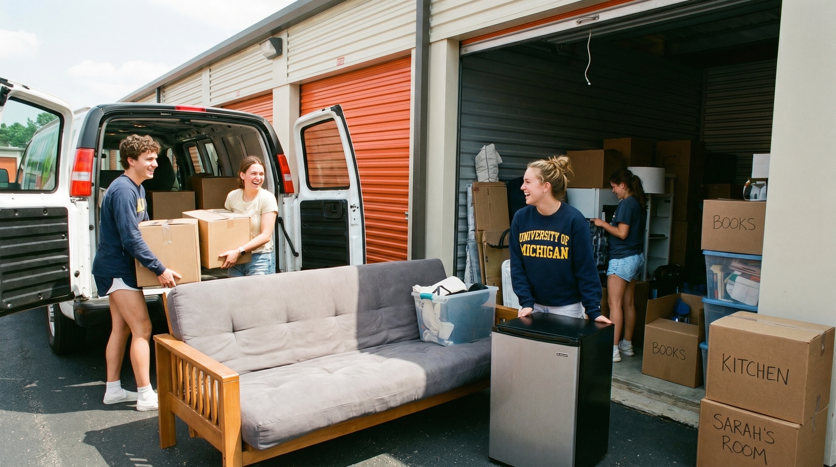 college students loading storage unit dorm items
