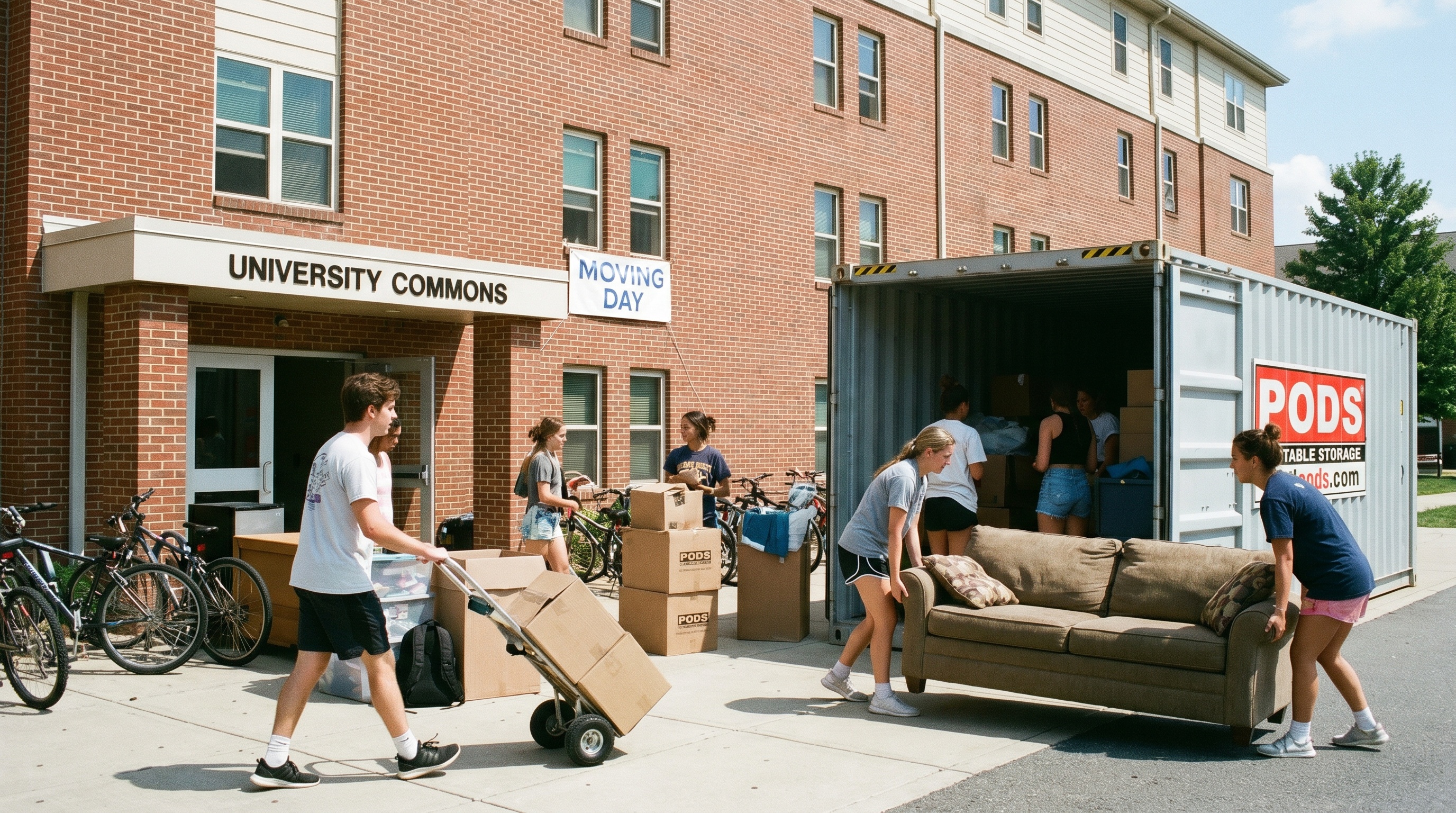 college students loading portable storage container outside dorm