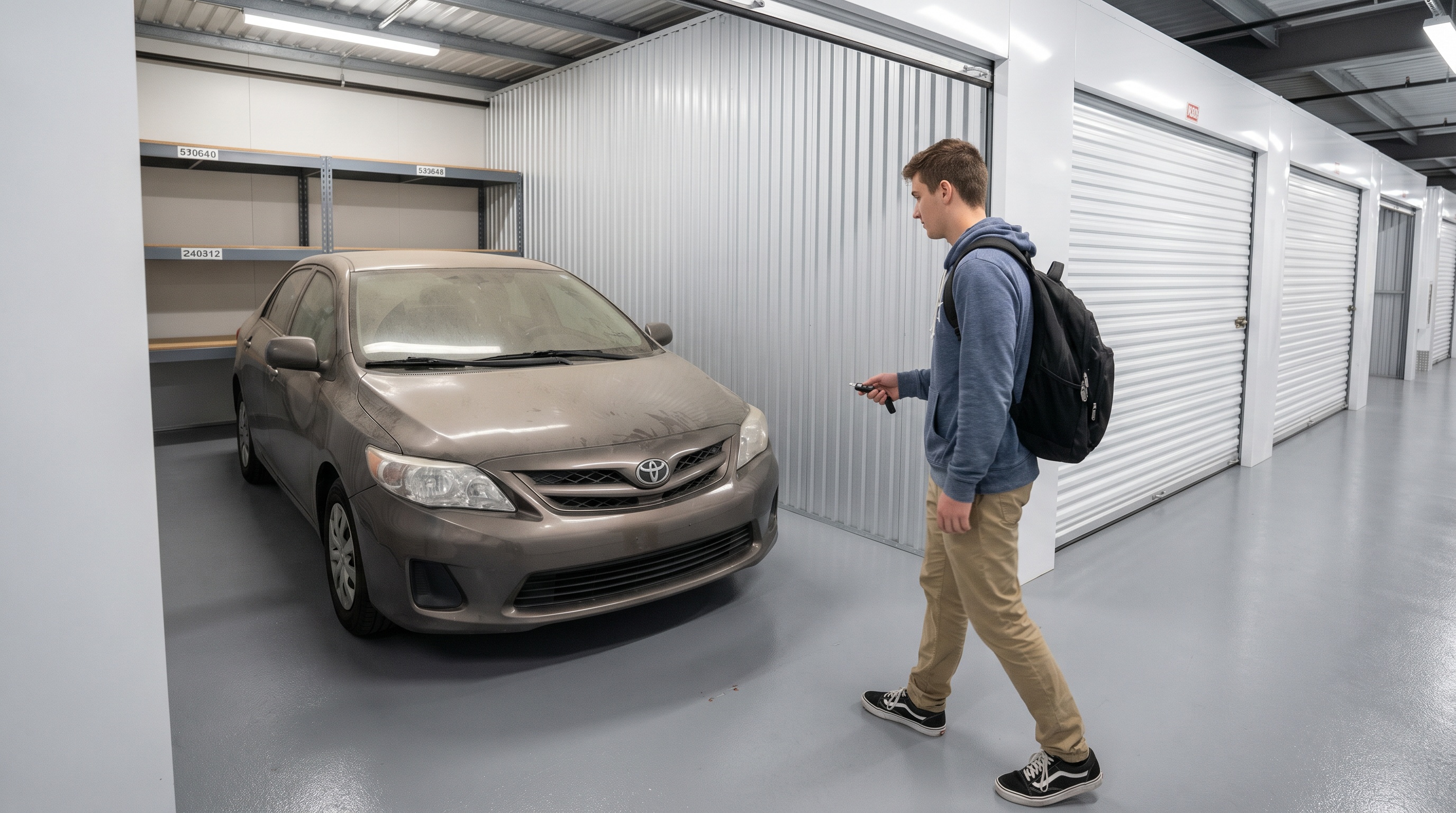 Student retrieving car from clean organized storage facility