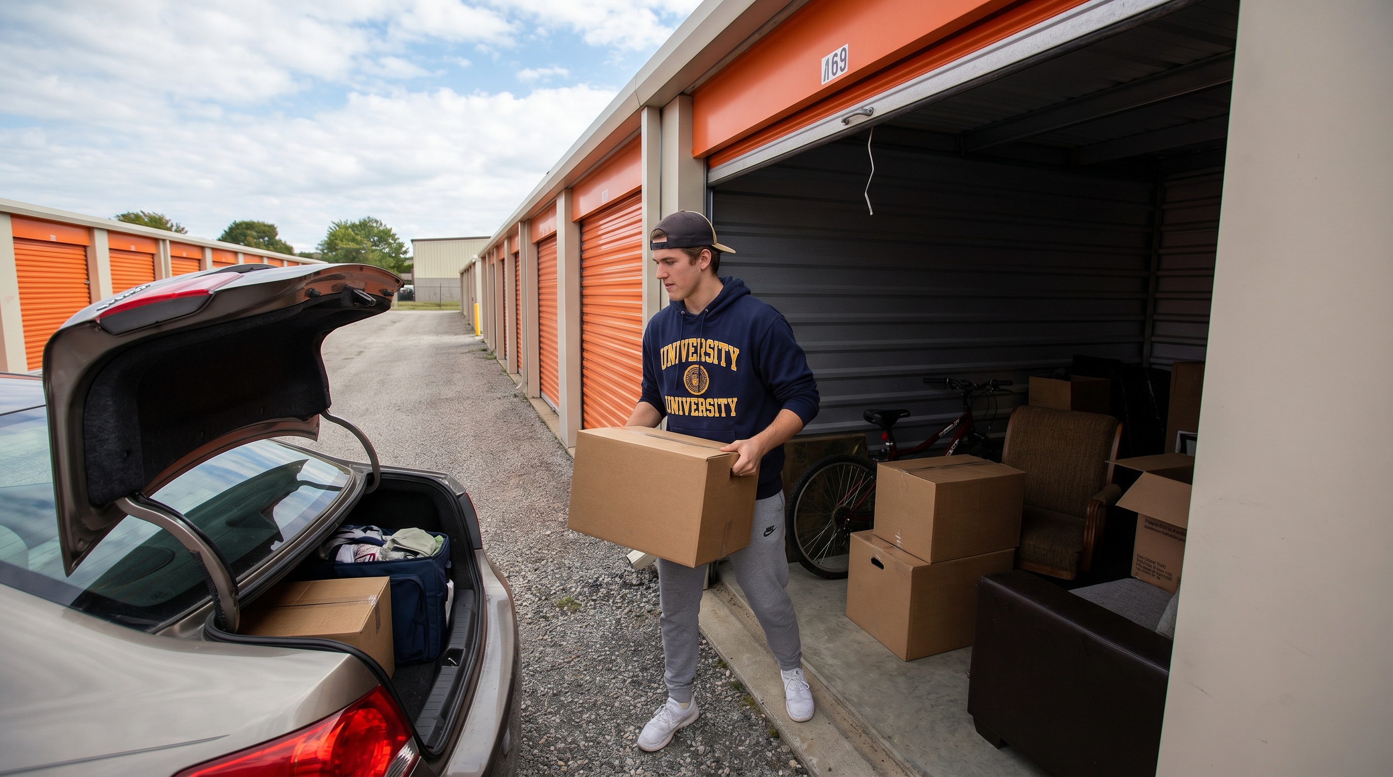 College student loading car into storage unit