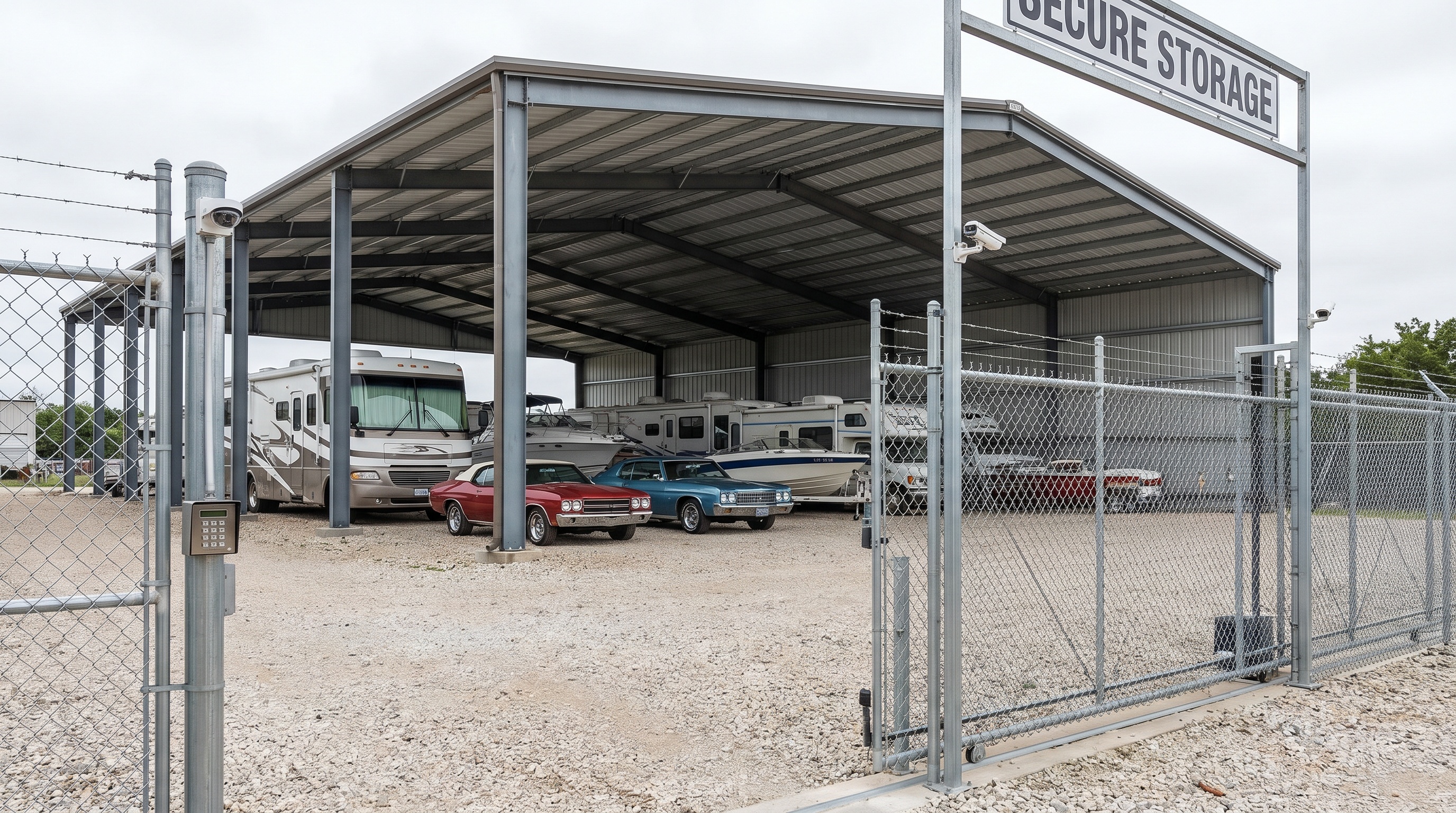 Outdoor covered vehicle storage with security gate