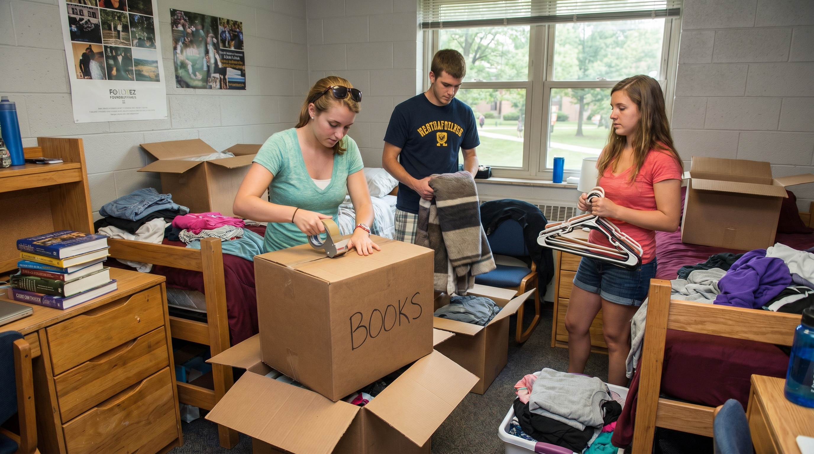 college students packing boxes dorm room move out