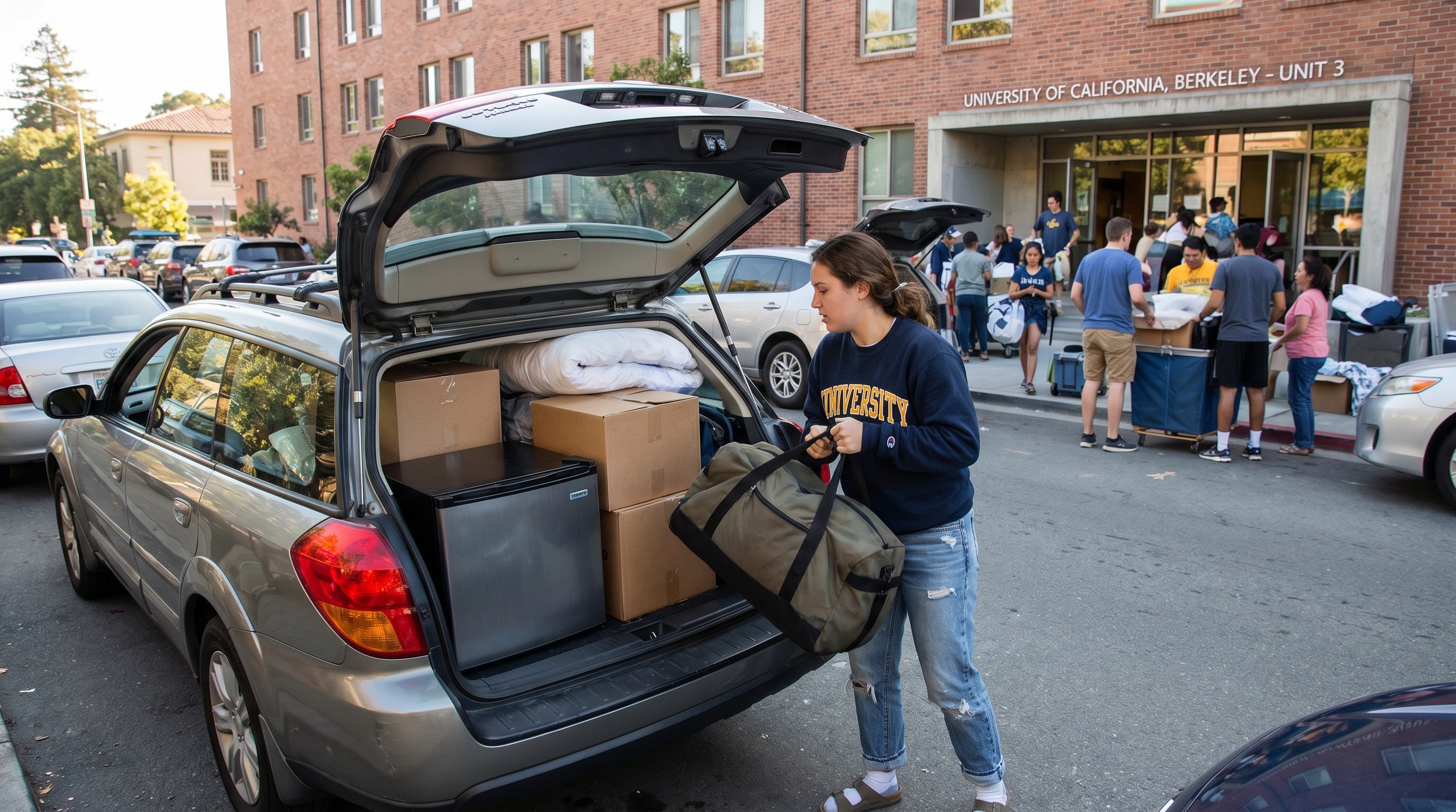 college student loading belongings into car at dorm move-out