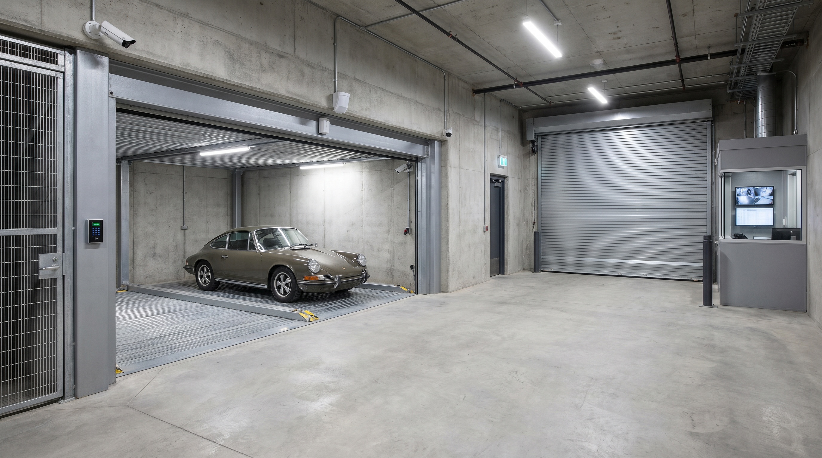 indoor car storage unit with vehicle parked inside showing security features