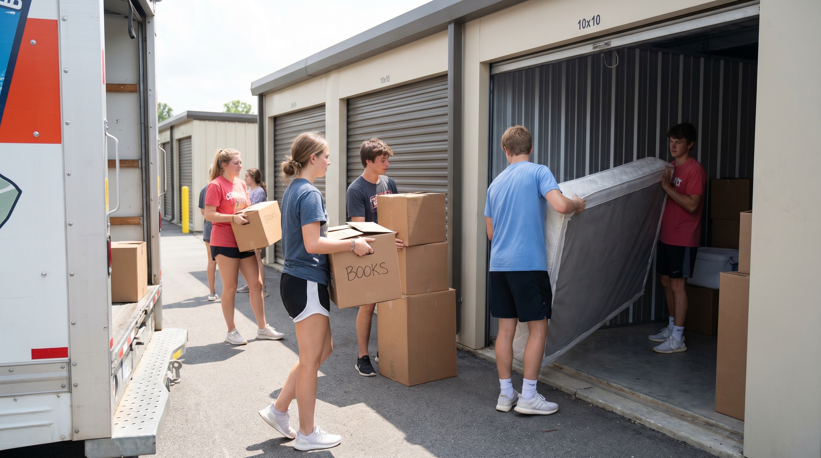 college students loading boxes into a 10x10 storage unit during summer move-out