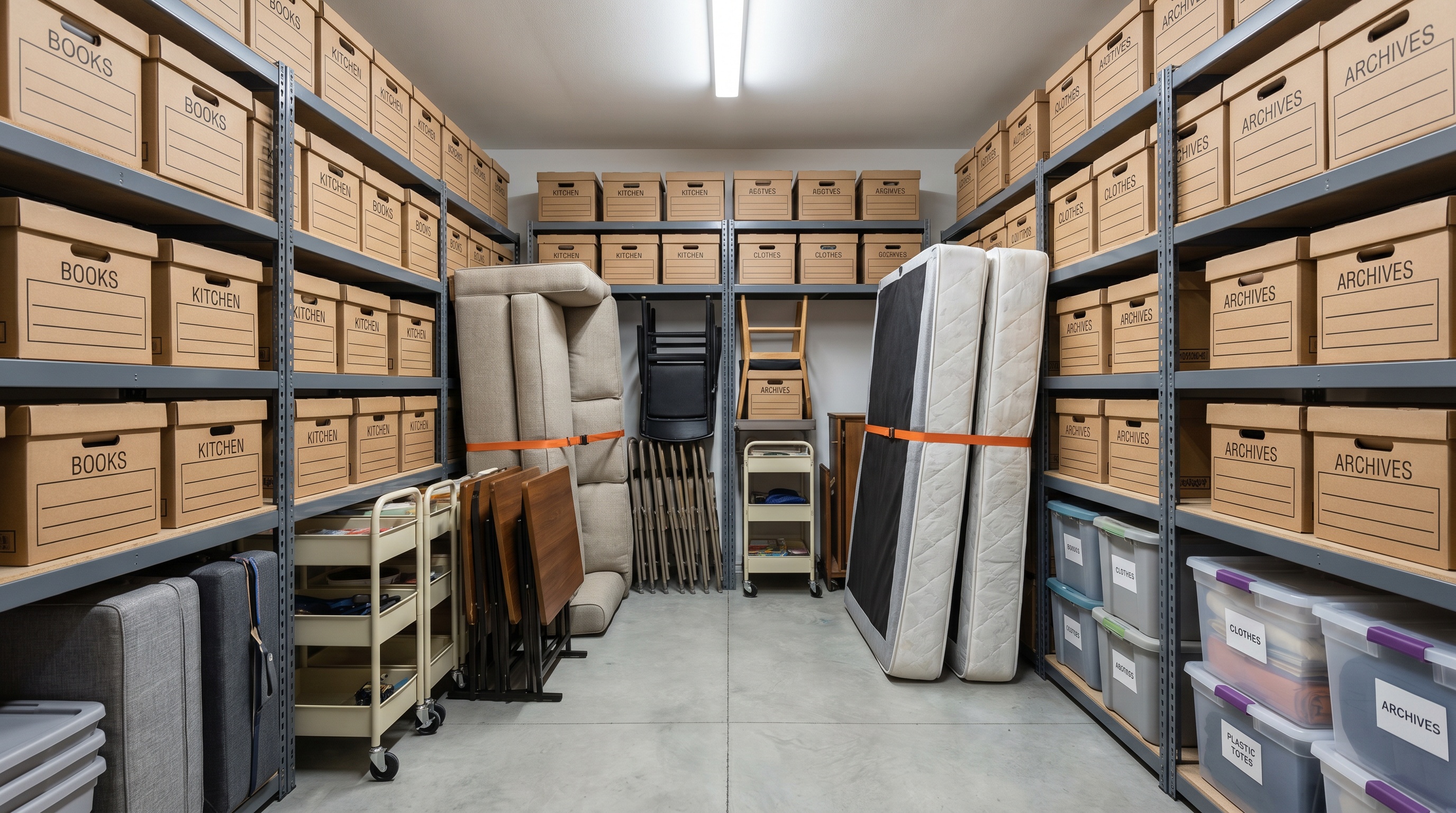 organized 10x10 storage unit showing vertical stacking of boxes and furniture