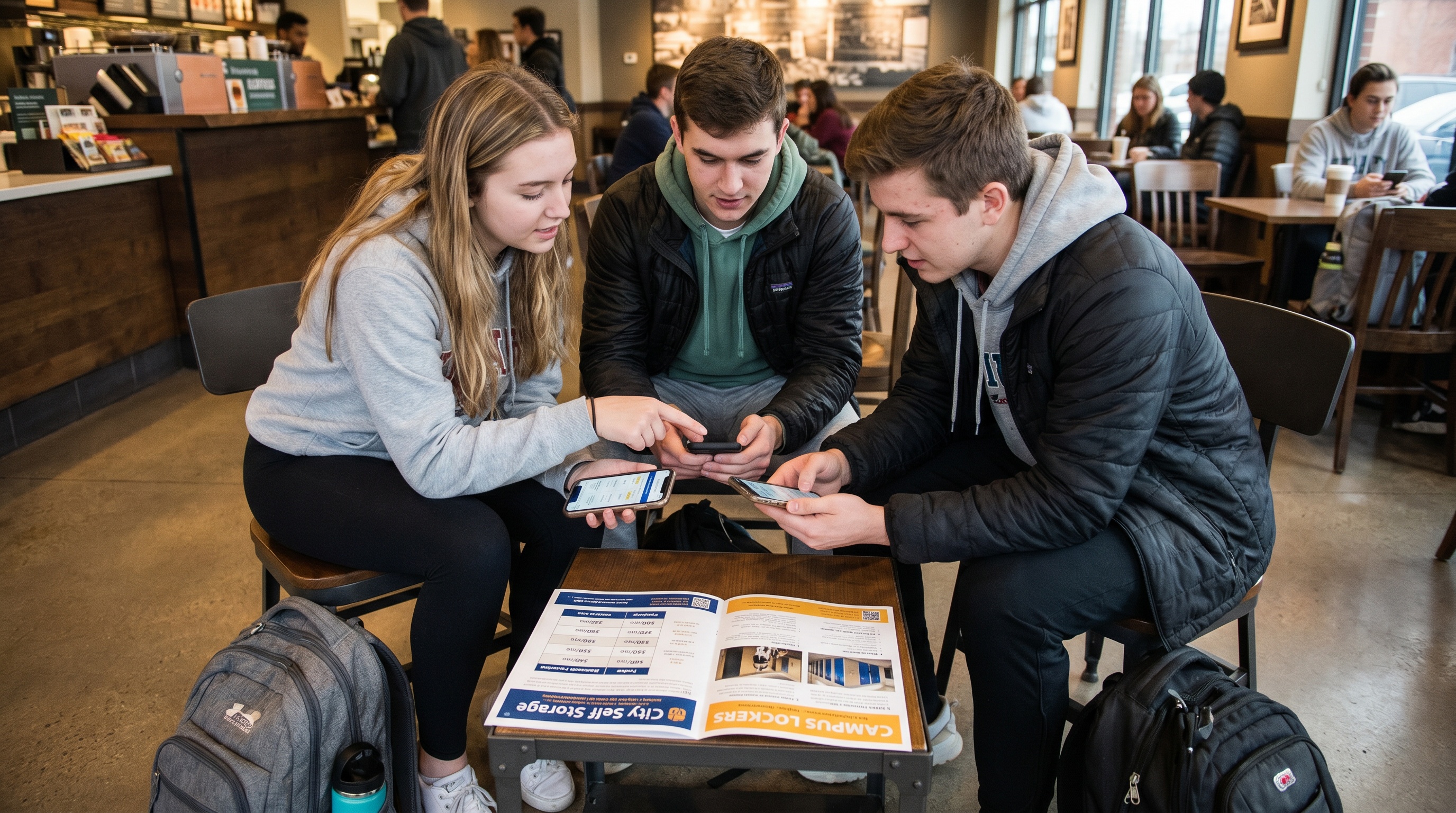 college students comparing storage unit prices on their phones