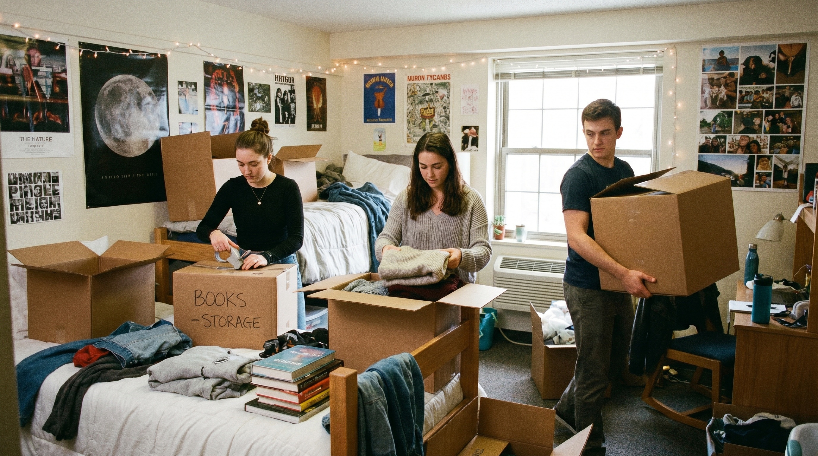 College students packing dorm room boxes for storage