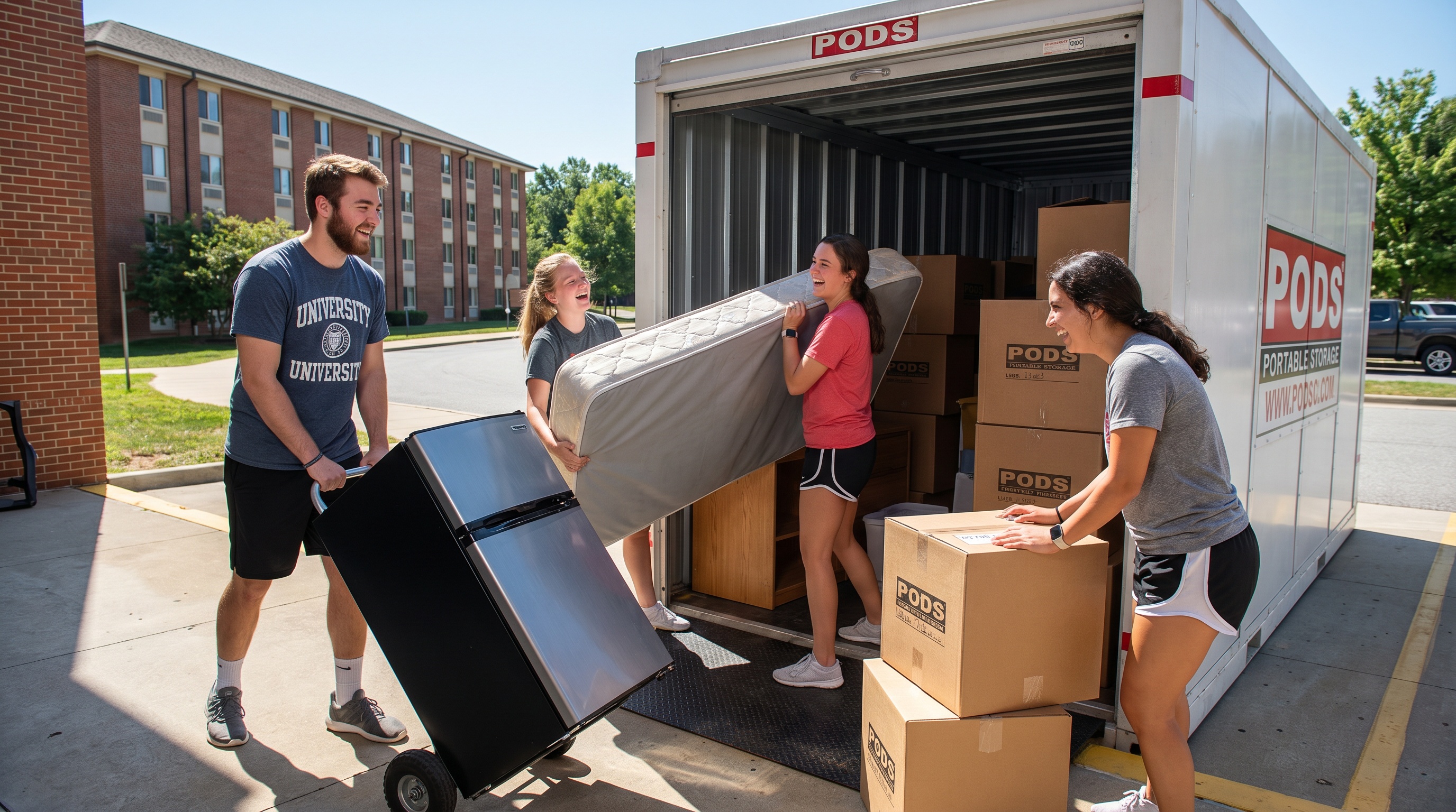 Students loading storage container for summer break