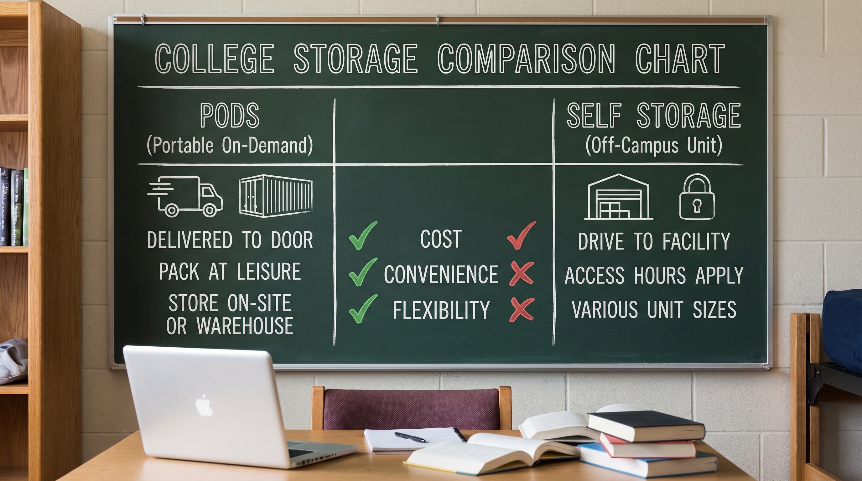 College storage comparison chart showing PODS vs self-storage options